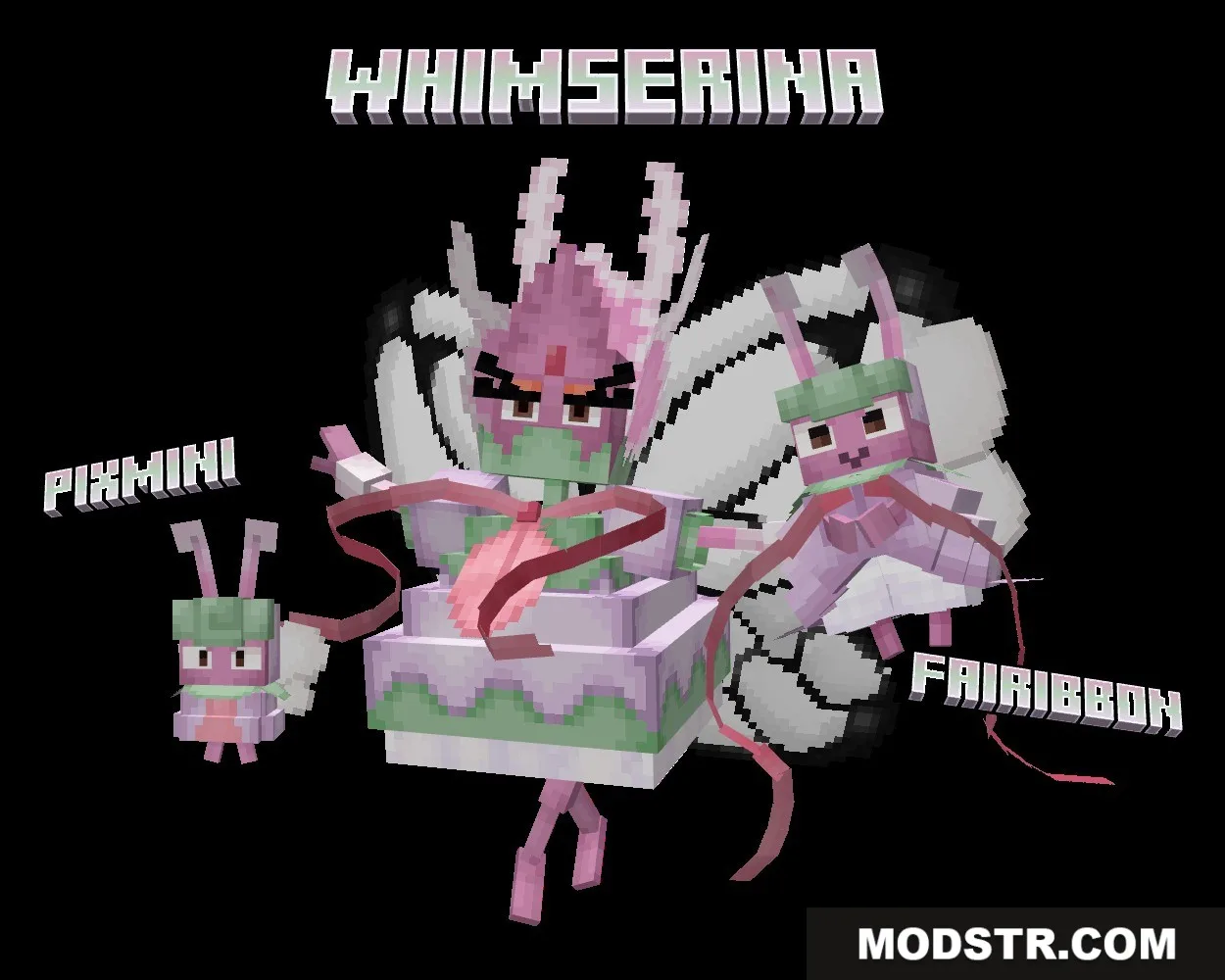 Mythic Fossil Fusions Data Pack Screenshot 4 Three fairy creatures named Pixmini Fairibbon and Whimserina showing their evolution stages