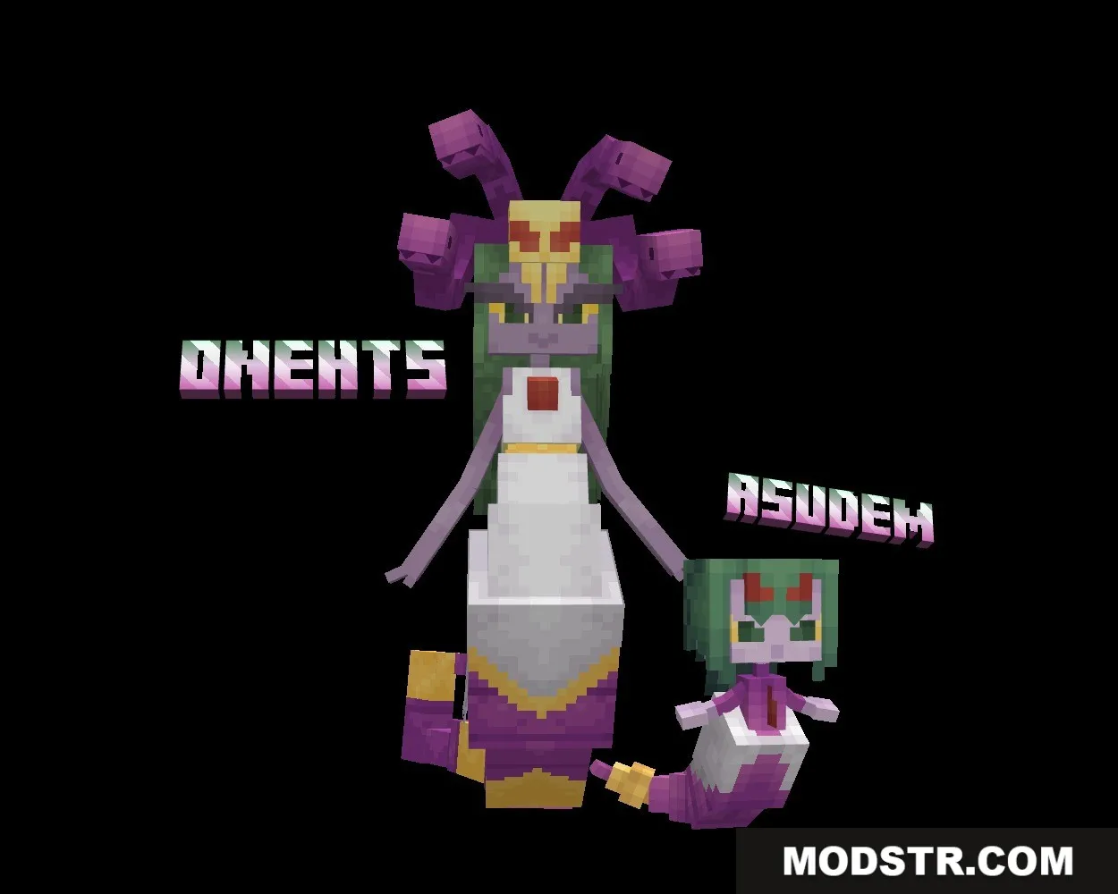 Mythic Fossil Fusions Data Pack Screenshot 2 Two purple and green snake creatures named Dnehts and Asudem posing together