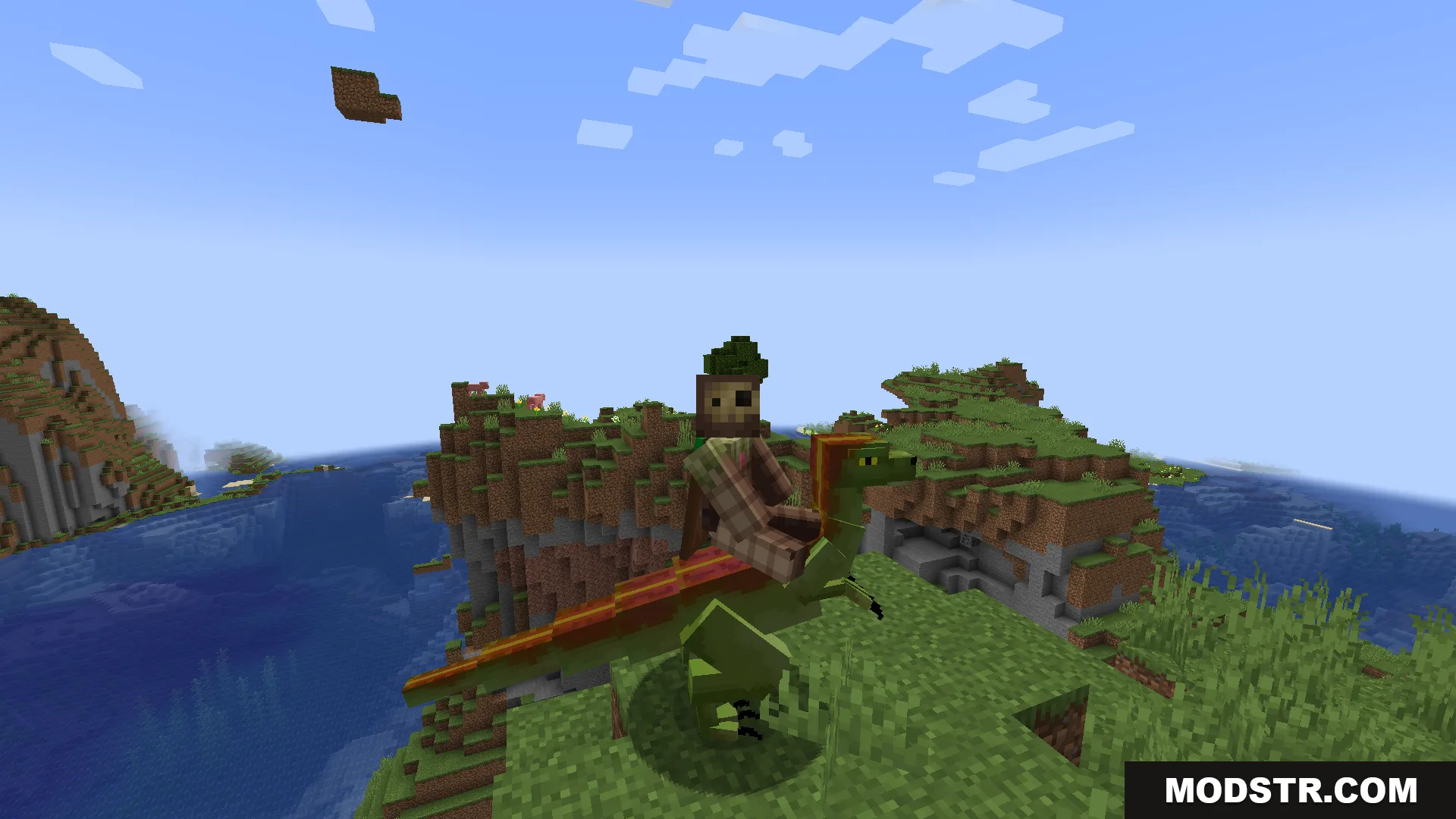 A player character riding a green creature on a cliff overlooking the ocean