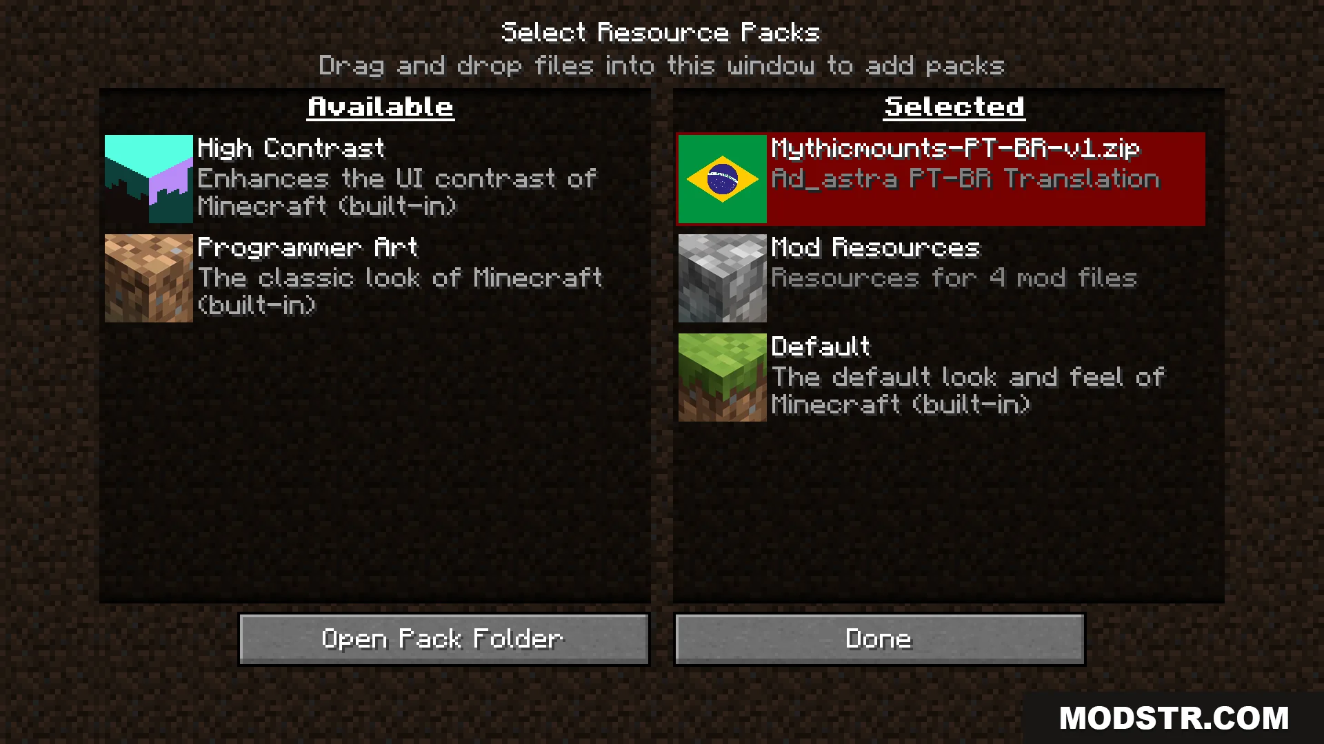 Minecraft resource pack menu with a Brazilian Portuguese translation pack selected