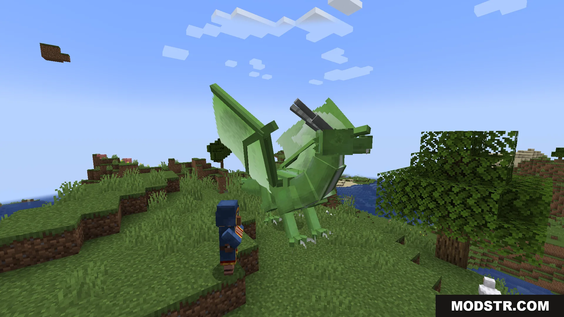 A large green dragon stands on a grassy hill next to a wandering trader