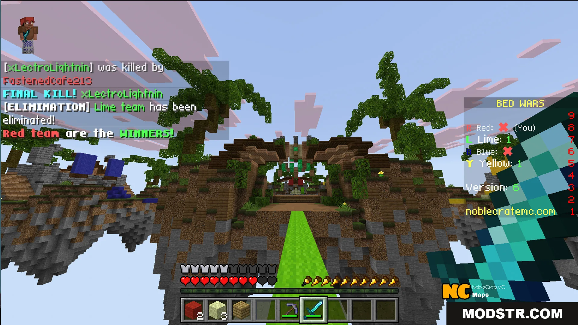 Player wins a match on floating islands in NC Practice Bed Wars Map