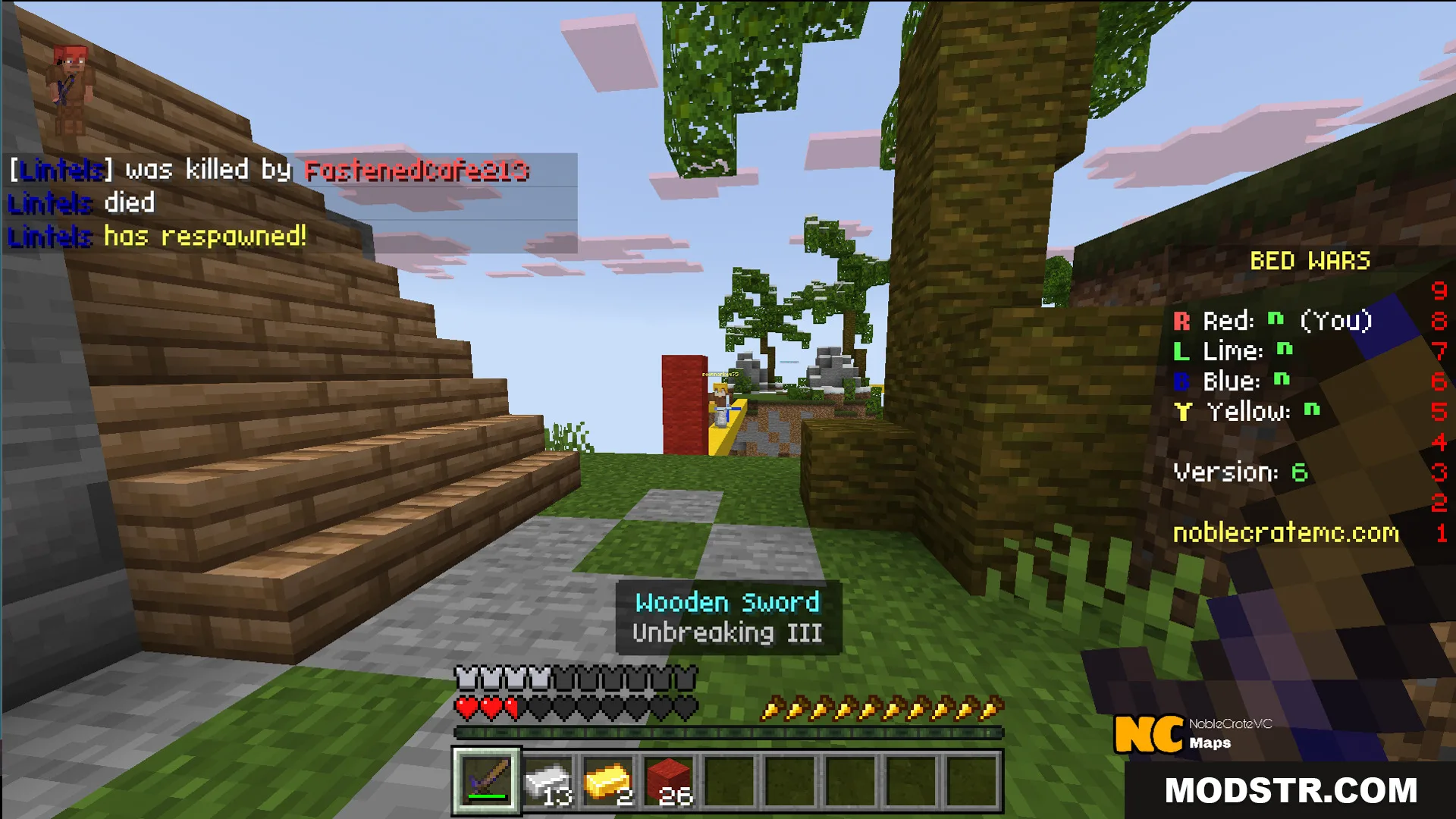 Player holding wooden sword on a floating island in NC Practice Bed Wars