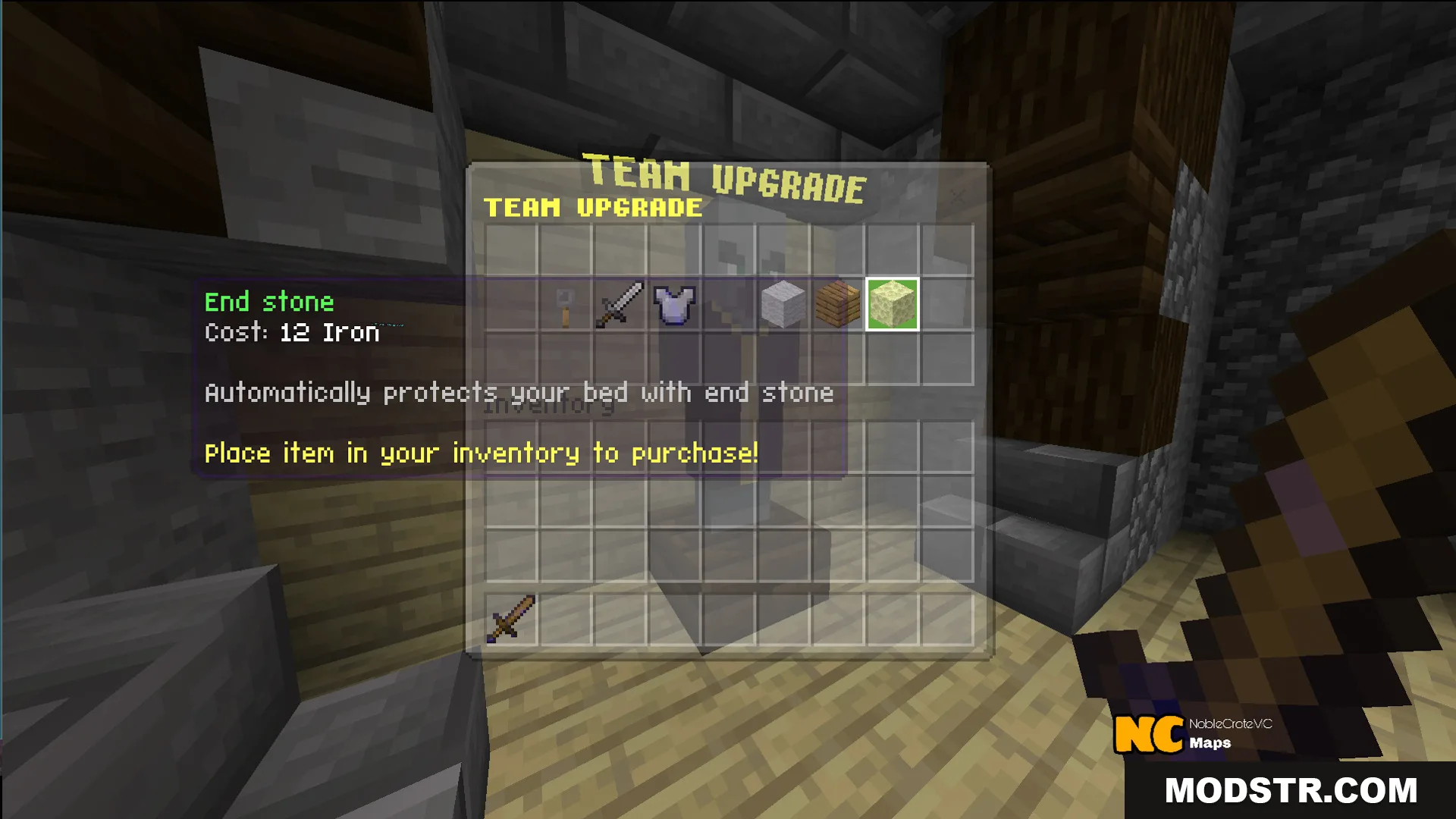 Minecraft player browsing the team upgrade shop for bed defense items