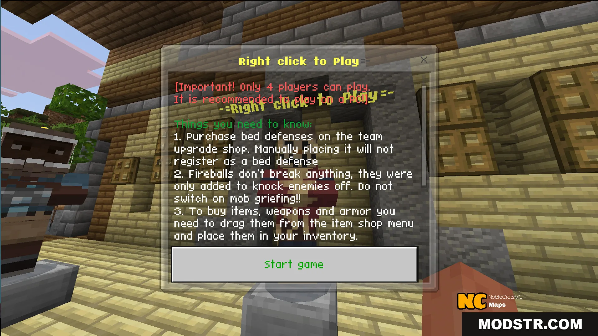 Start game interface showing important rules and instructions for the practice match