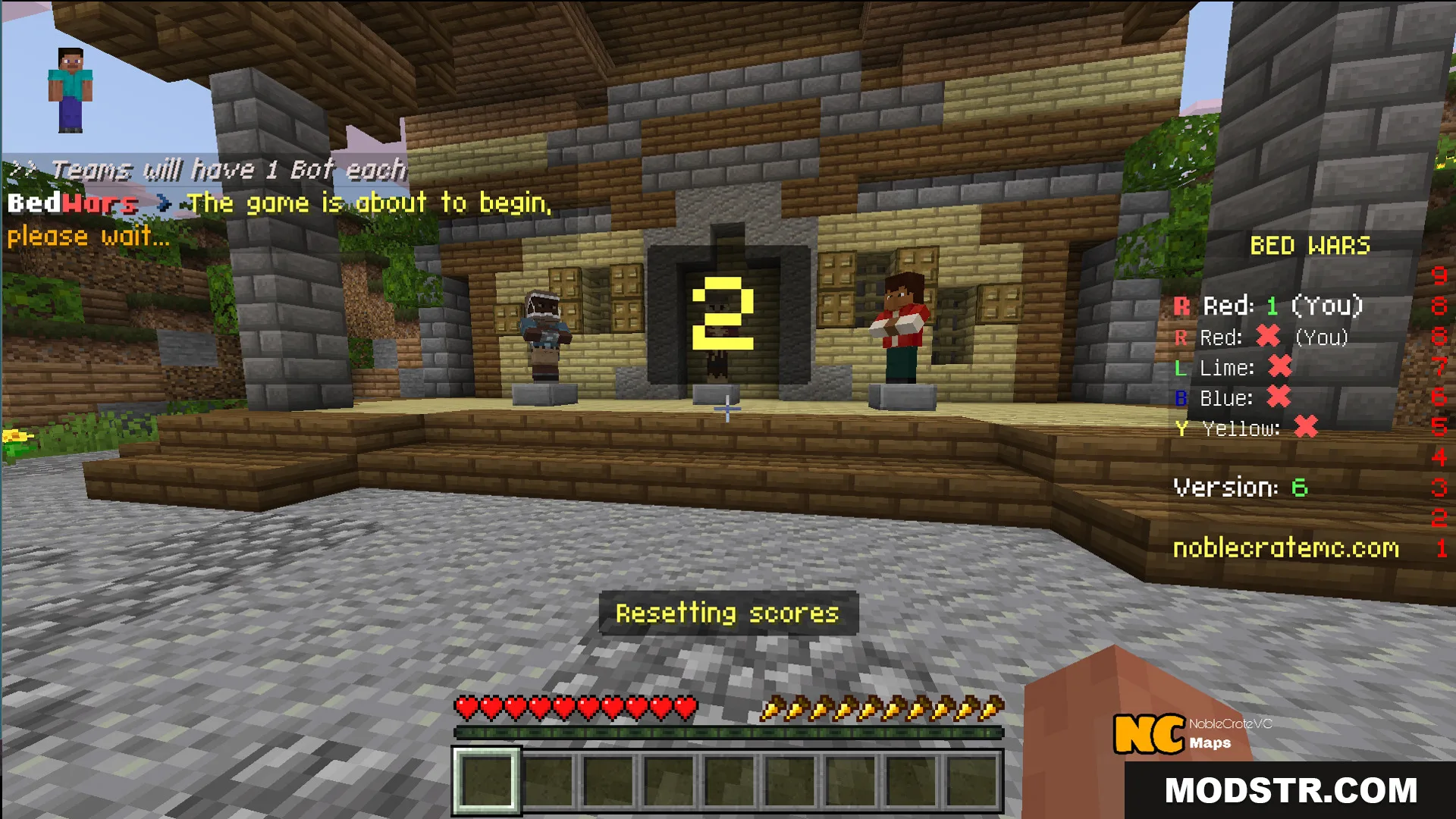 Lobby area for NC Practice Bed Wars Map with countdown and scoreboard