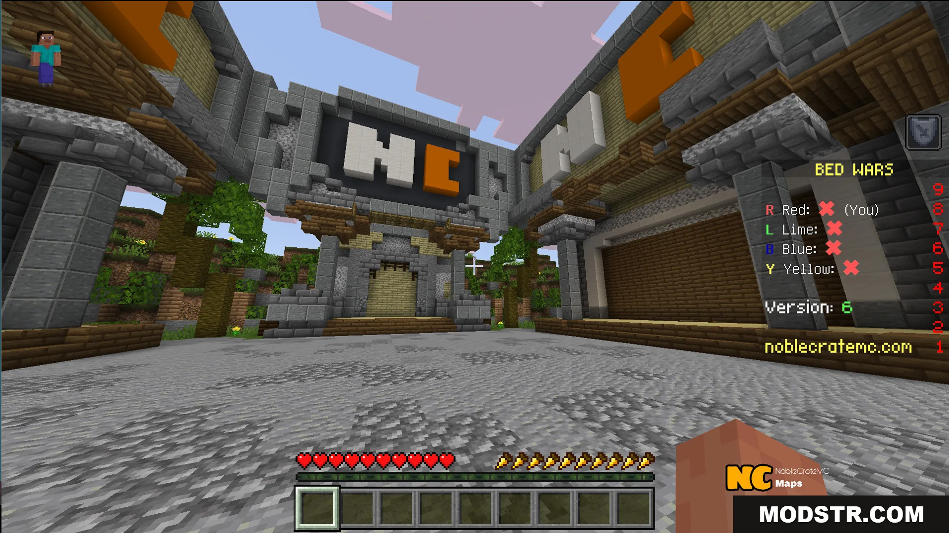 Lobby area of NC Practice Bed Wars Map with a team scoreboard