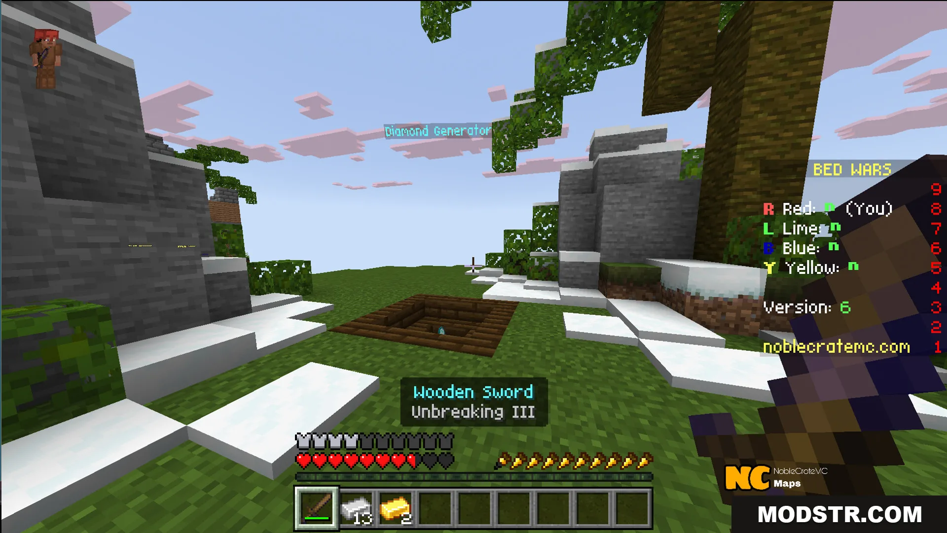 Player standing near a diamond generator on a snowy floating island in Minecraft