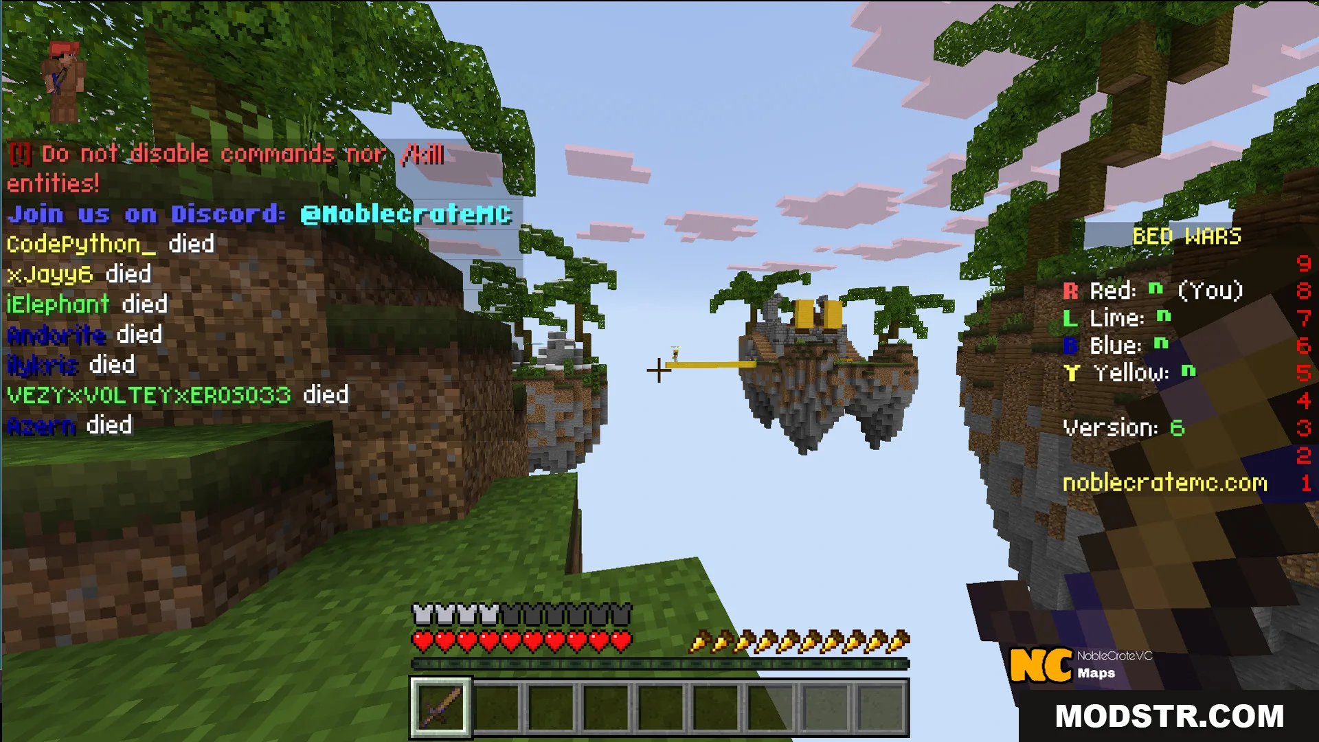 Player holding a sword on floating islands during a Bed Wars match