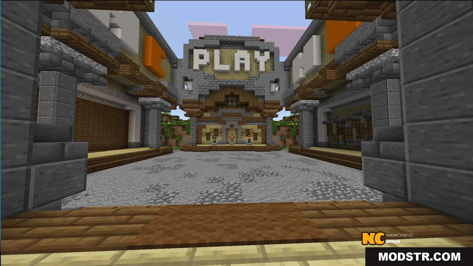 Stone lobby area with a large play sign for starting a new match