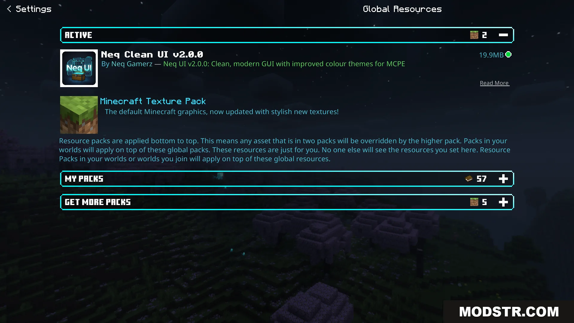 Neqs Clean UI Texture Pack Screenshot 7 Minecraft global resources menu displaying the active Neq Clean UI texture pack