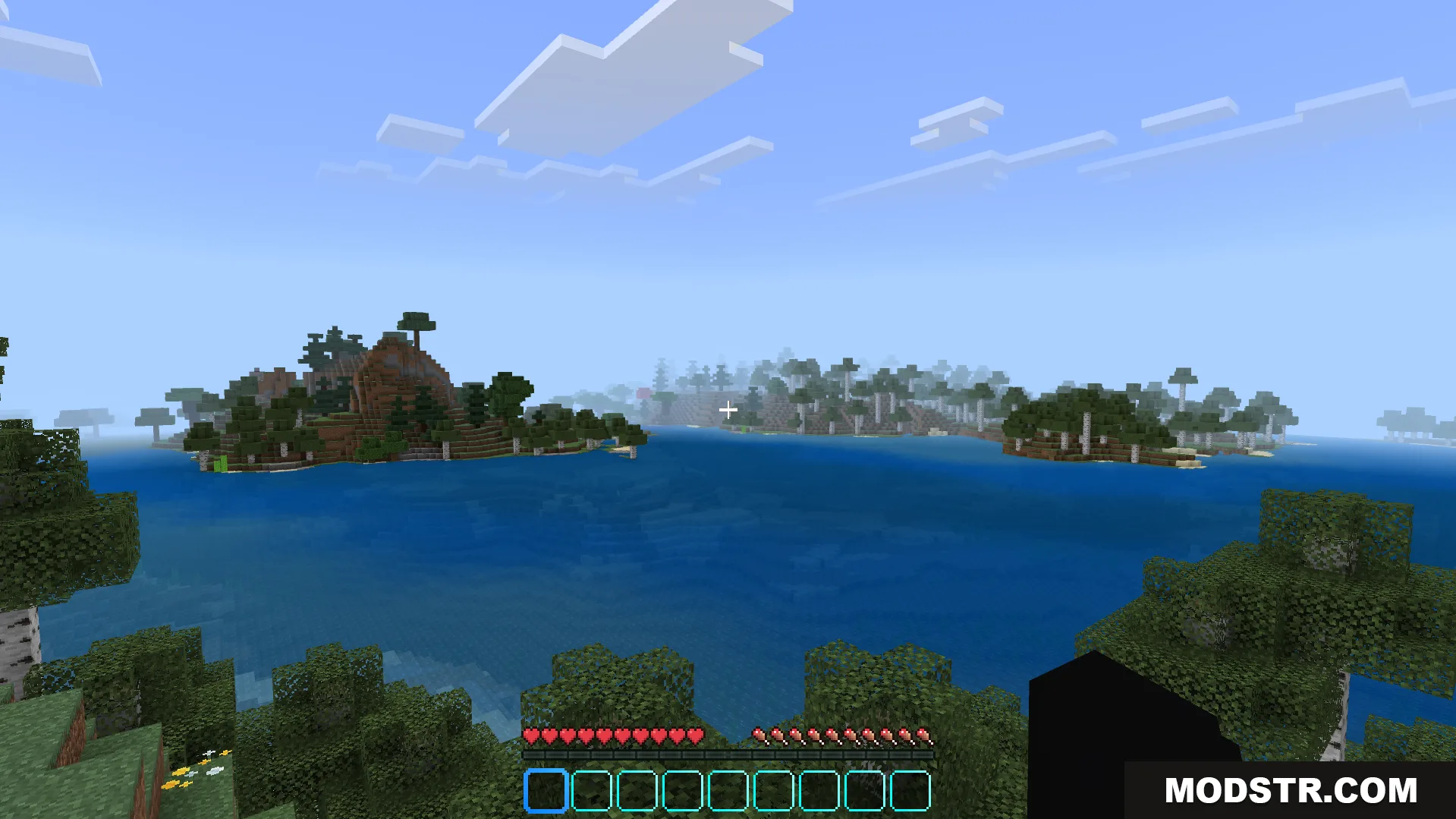 Neqs Clean UI Texture Pack Screenshot 2 First person view of islands with a custom blue hotbar and HUD