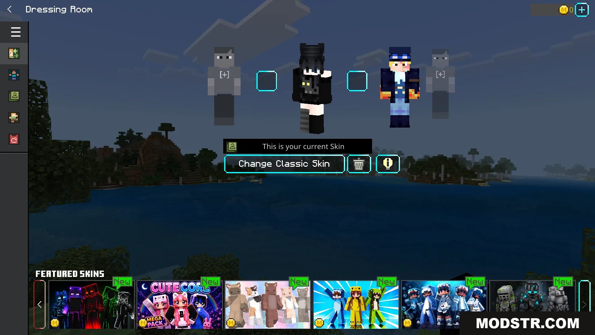 Neqs Clean UI Texture Pack Screenshot 5 Dressing room menu showing character skins with a modern and polished design