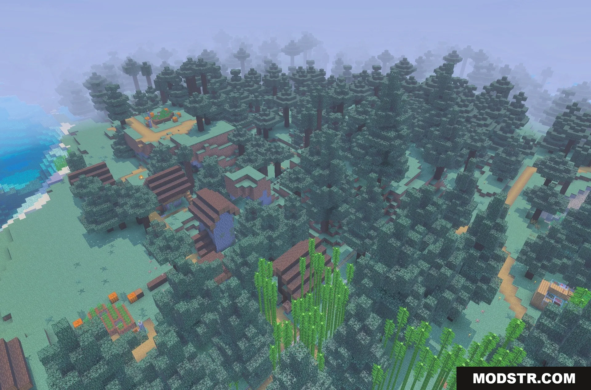 New Land SMP Map Screenshot 3 A peaceful village with custom houses and farms in a spruce forest