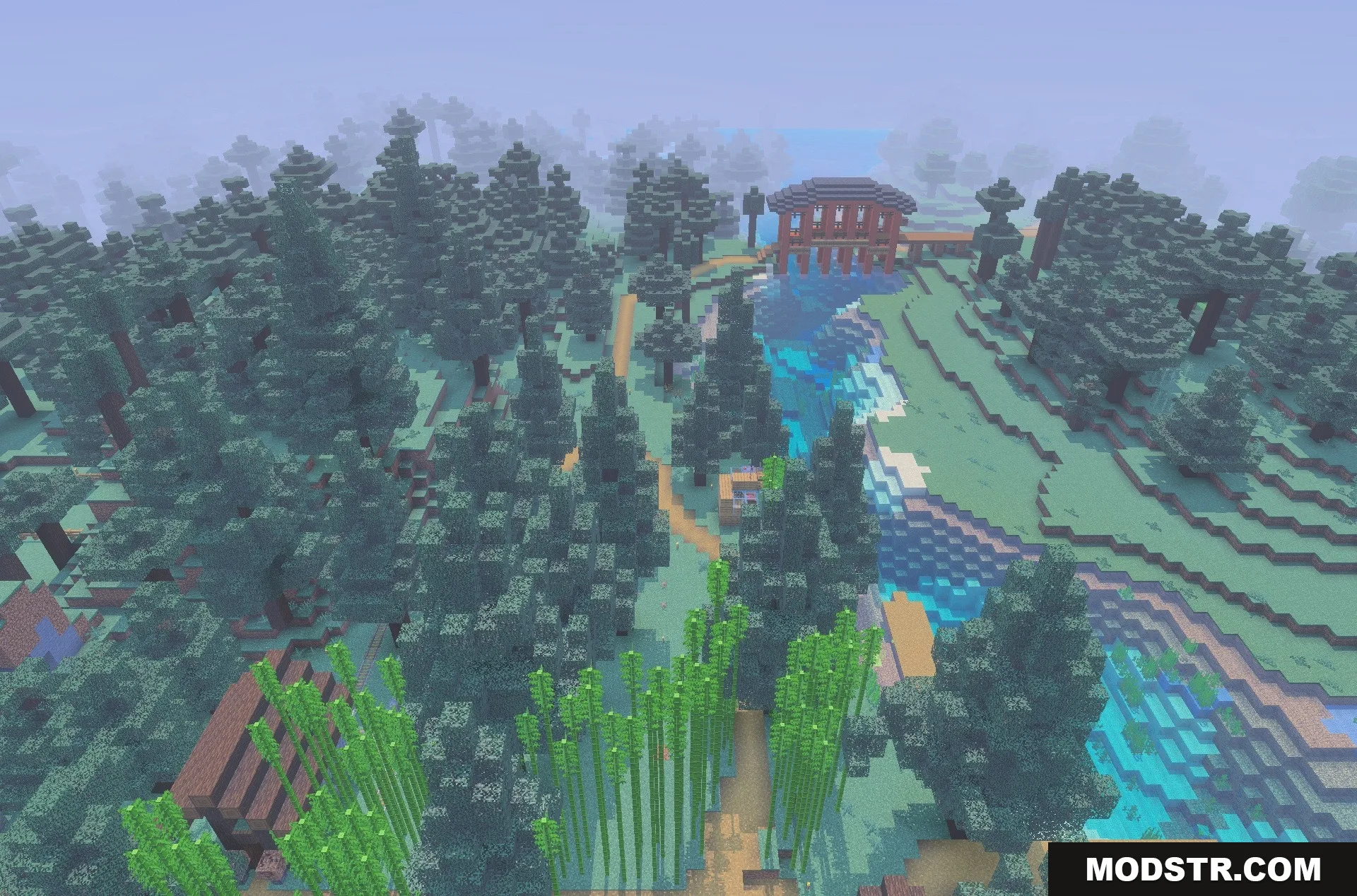 New Land SMP Map Screenshot 2 Tall bamboo stalks grow near a path leading to a large wooden bridge