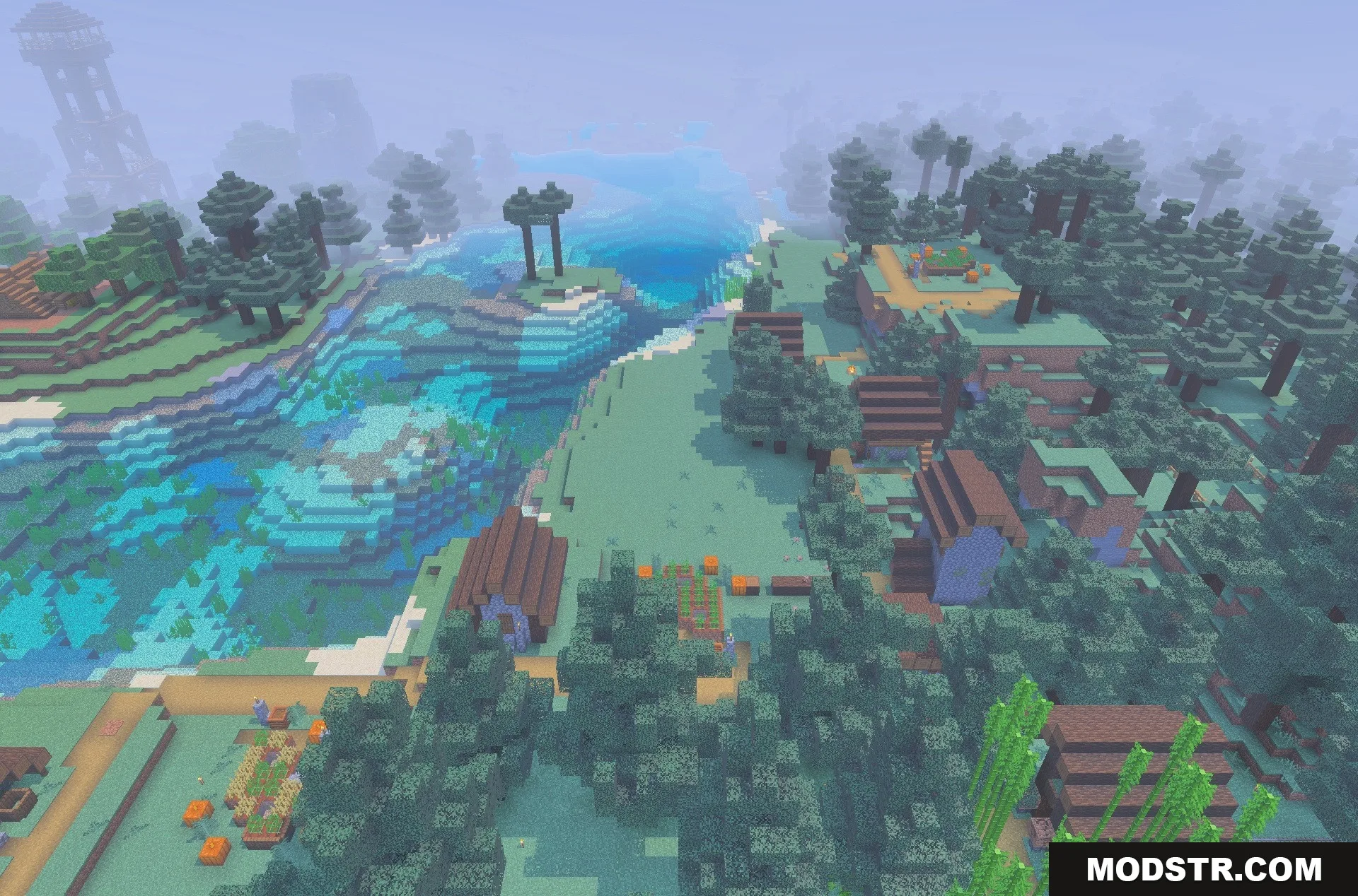 New Land SMP Map Screenshot 1 Aerial view of a custom village with houses and farms near a river