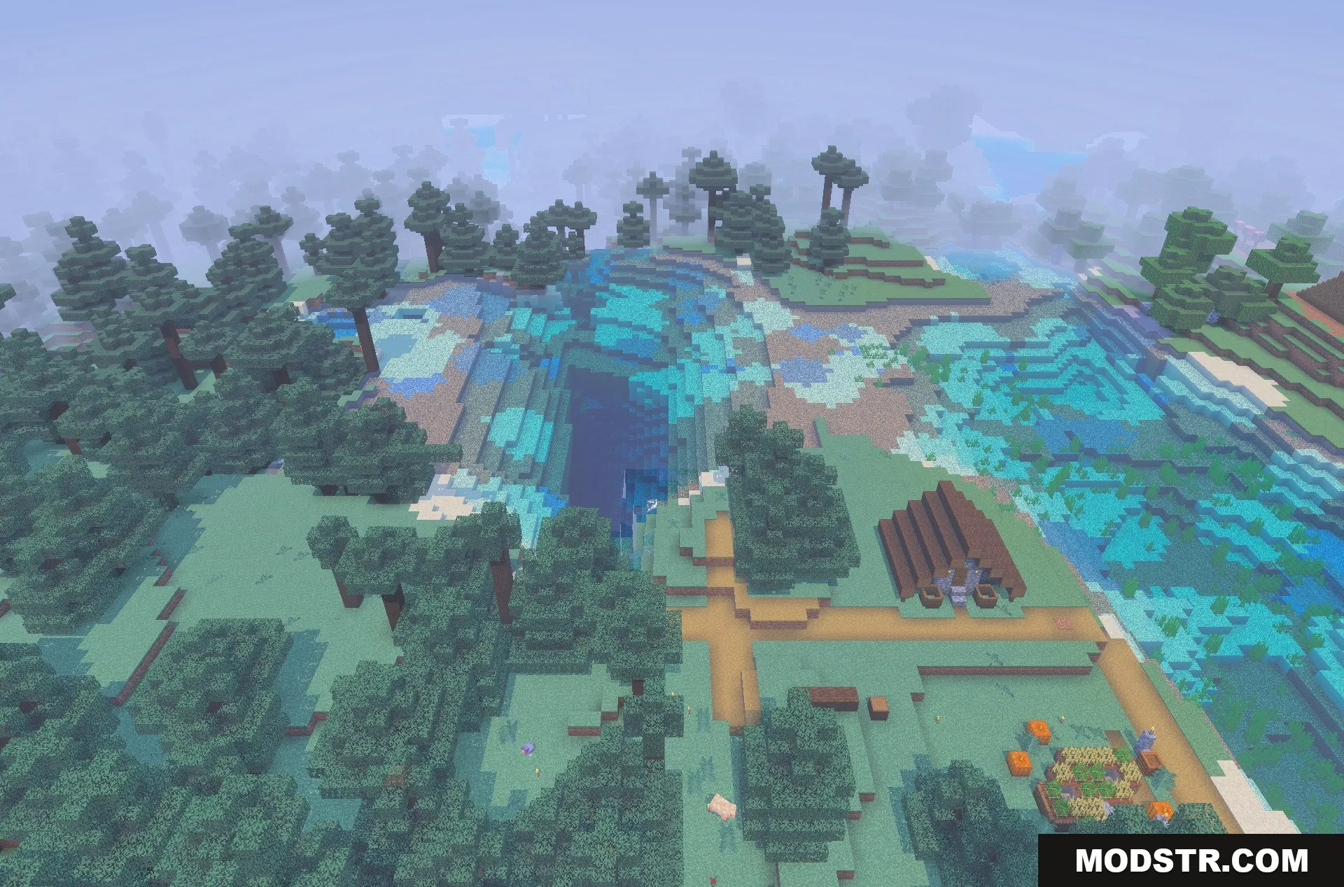 New Land SMP Map Screenshot 4 A village path leading toward a large lake surrounded by spruce trees