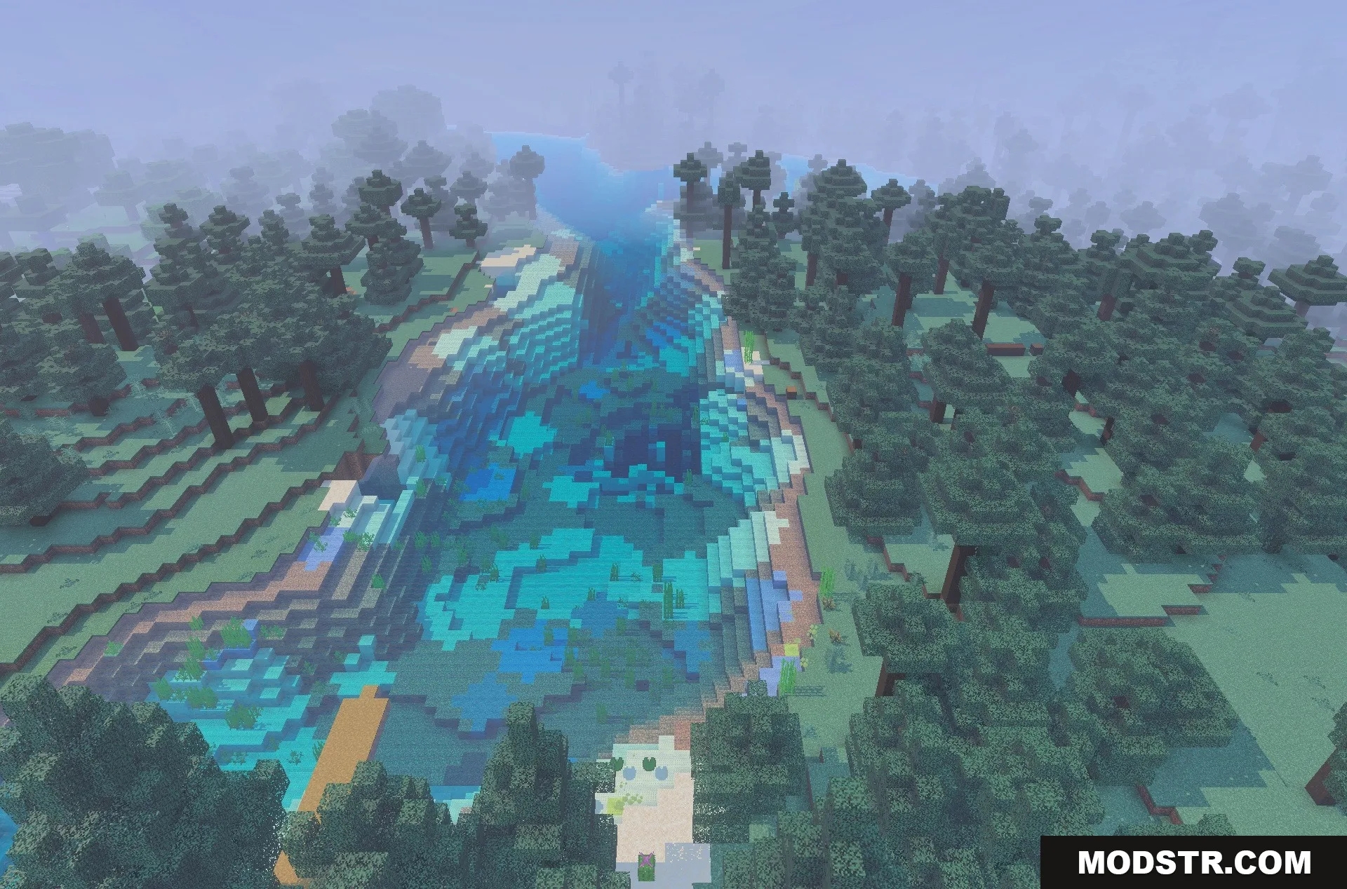 New Land SMP Map Screenshot 6 A scenic river flowing through a lush spruce forest in a custom world
