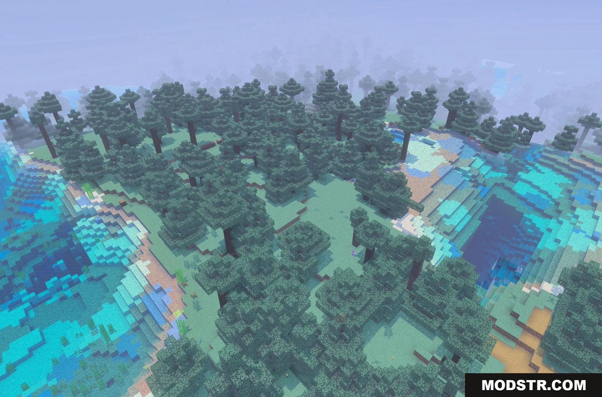 New Land SMP Map Screenshot 5 Aerial view of the custom terrain and spruce forests in New Land SMP