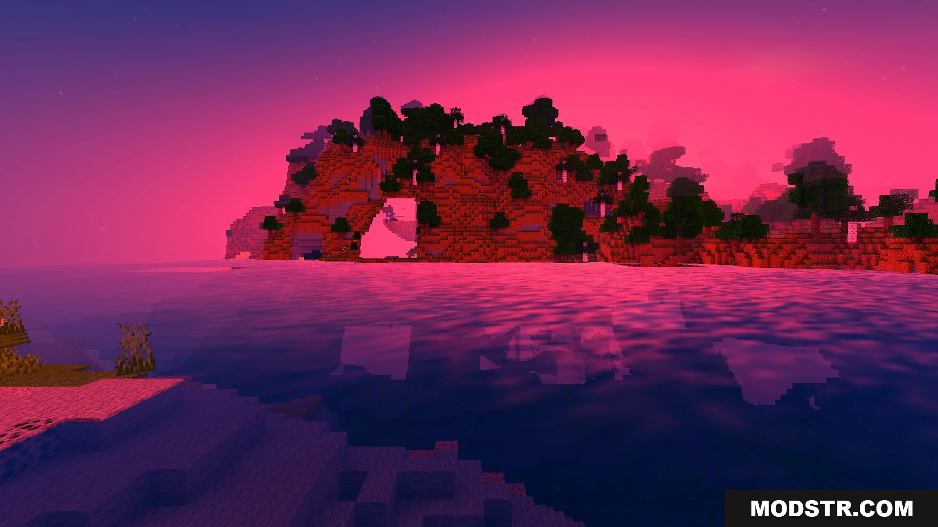 Newb Complementary Shader Screenshot 7 Pink sunrise over an island coastline