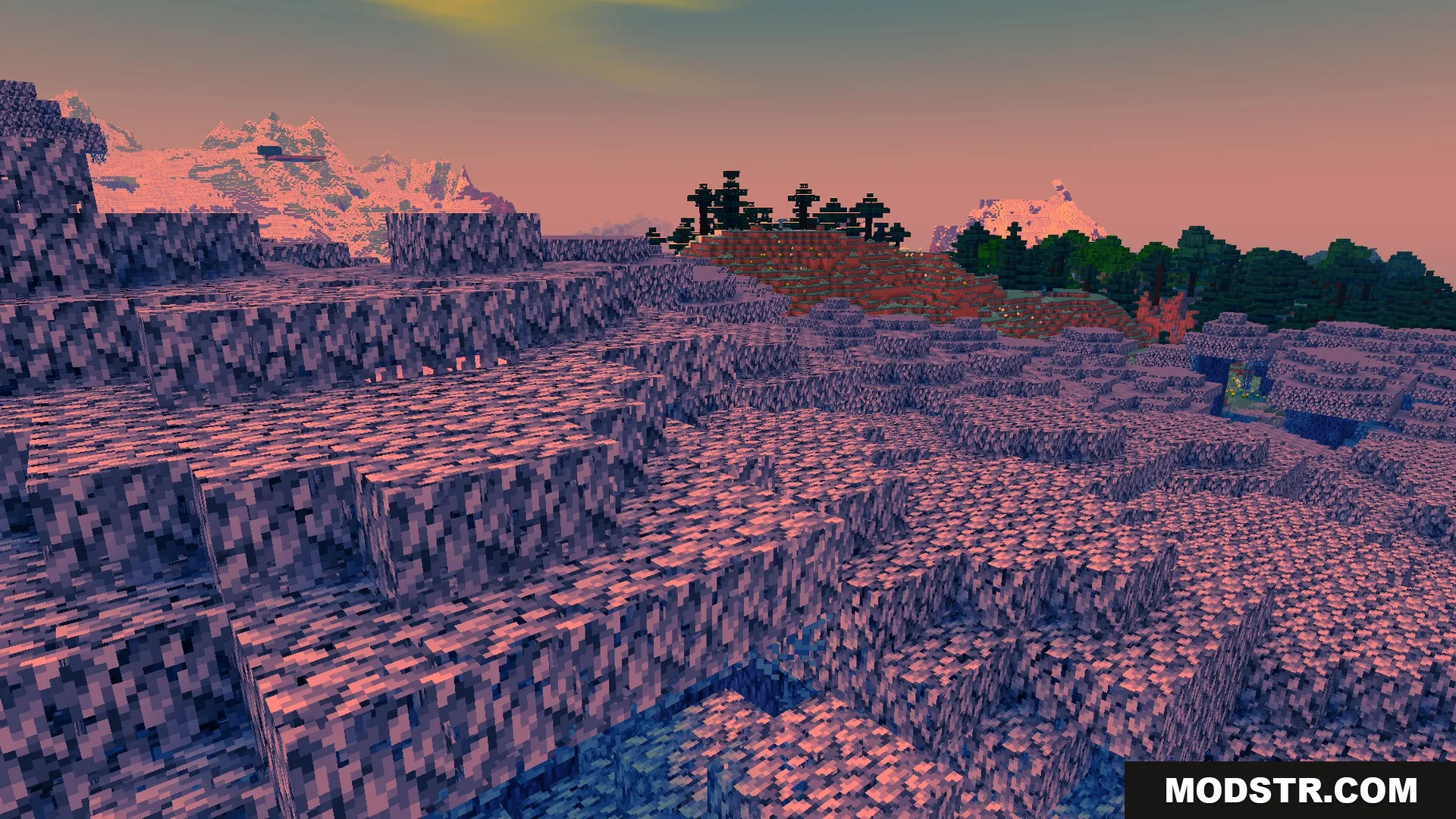 Newb Complementary Shader Screenshot 6 Snowy hillside terrain lit by the shader at dawn