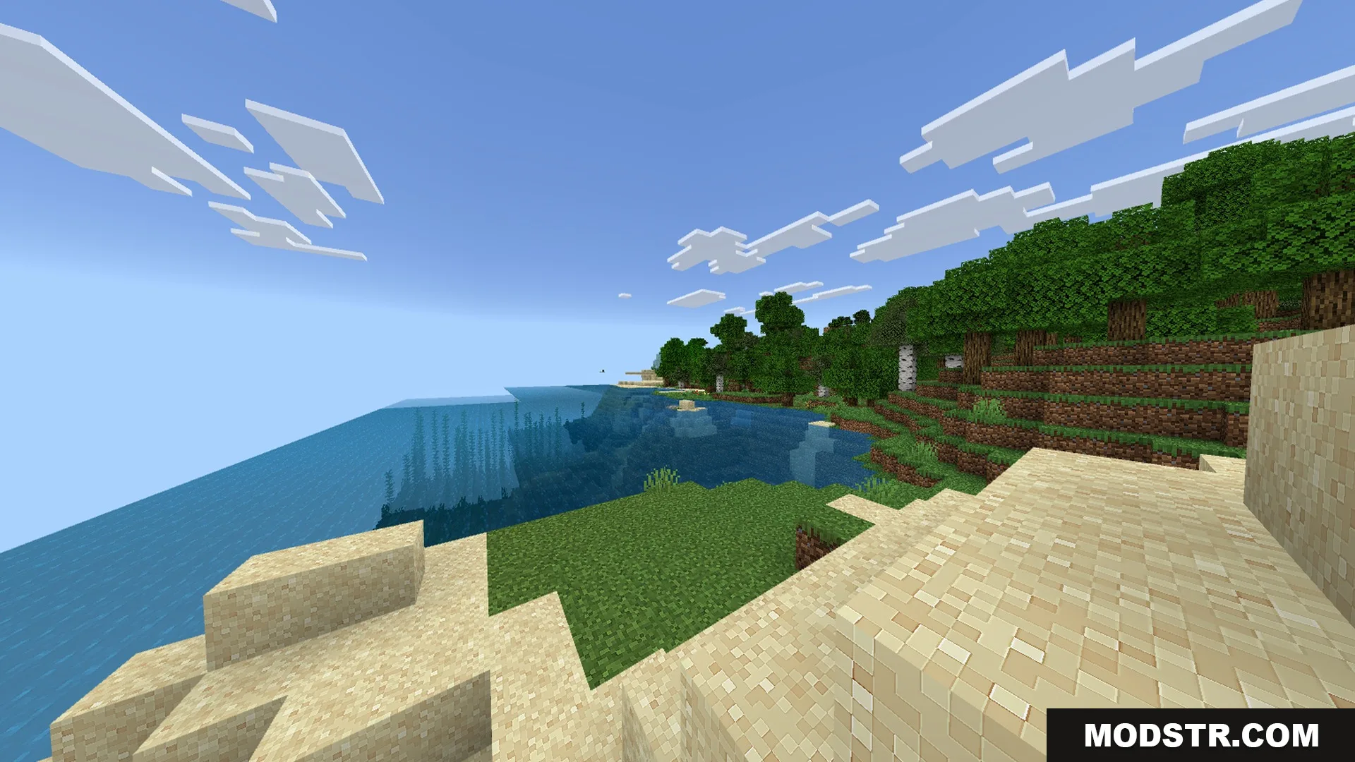 Newb CraftEdge Shader - RenderDragon Shader Screenshot 9 A scenic Minecraft coast featuring atmospheric fog and realistic water reflections