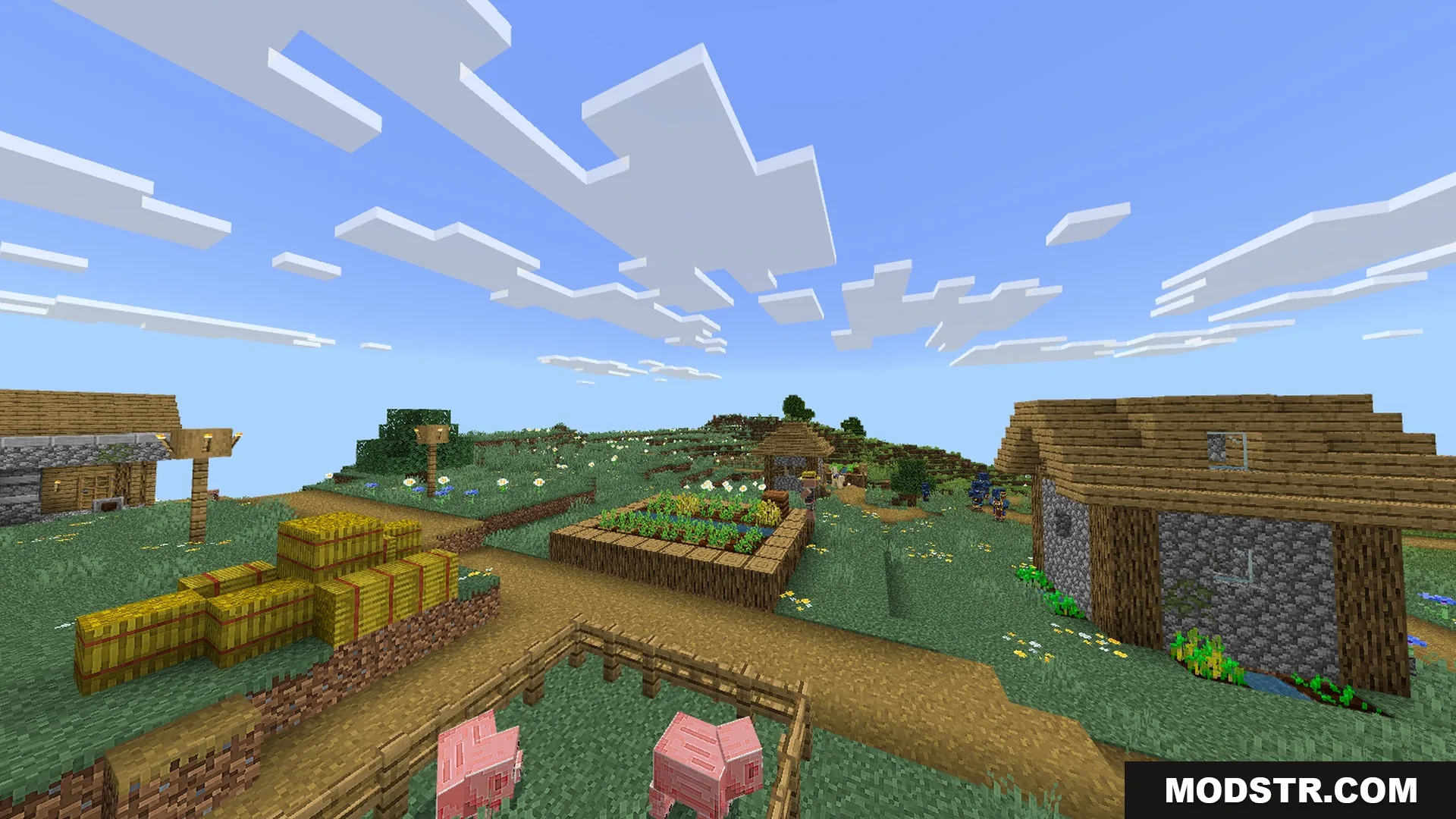 Newb CraftEdge Shader - RenderDragon Shader Screenshot 6 A peaceful Minecraft village with wooden houses and pigs in a pen