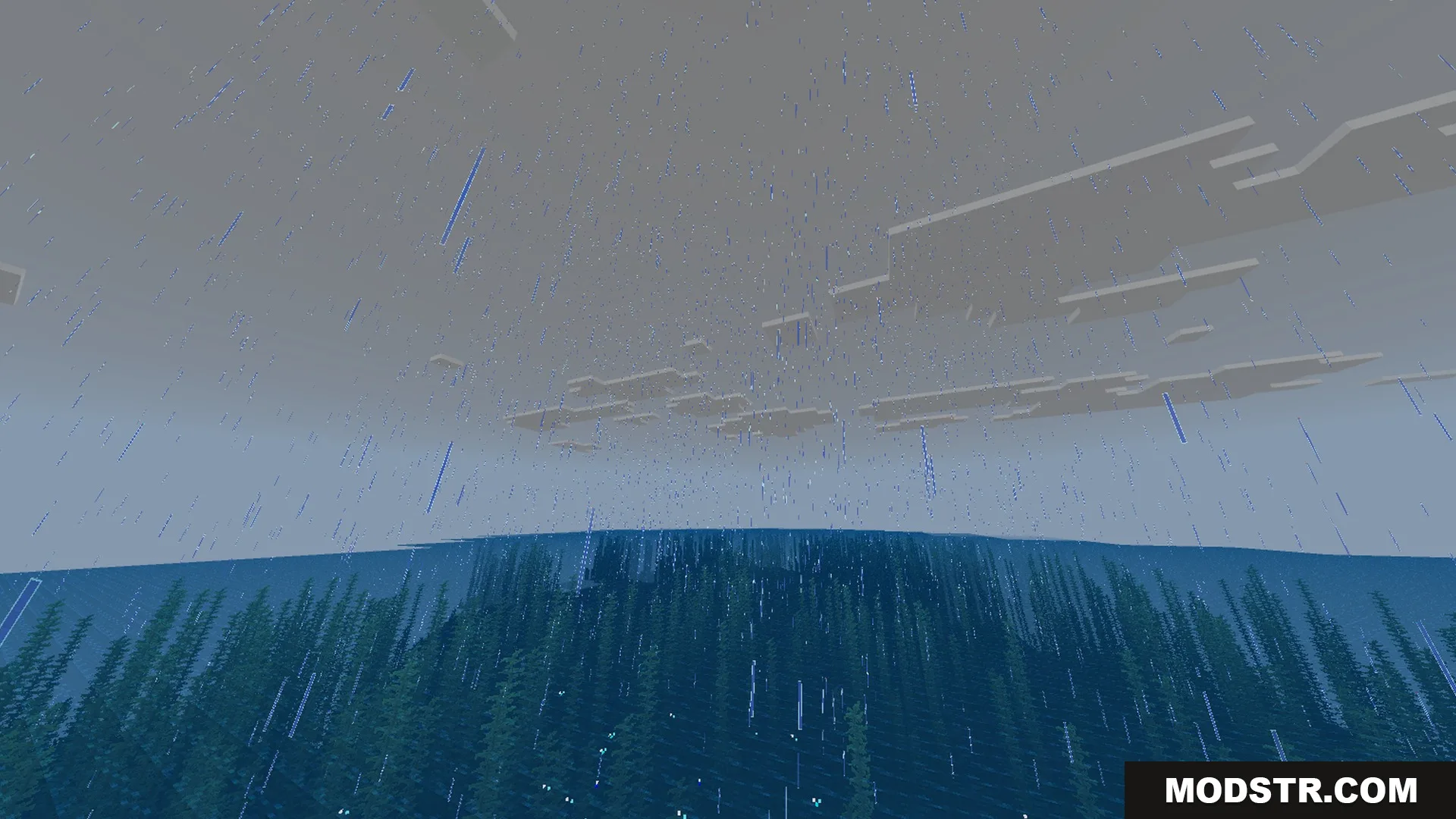 Newb CraftEdge Shader - RenderDragon Shader Screenshot 10 Rain falling over a deep blue ocean with dense seagrass visible underwater
