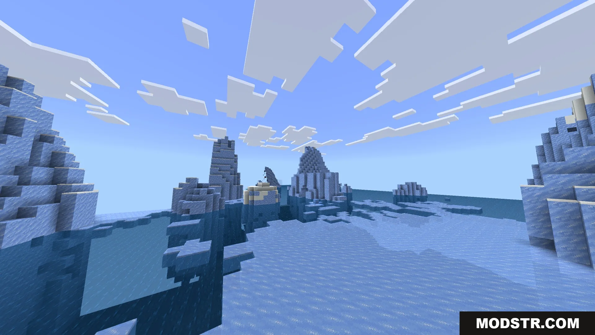 Newb CraftEdge Shader - RenderDragon Shader Screenshot 3 Realistic water reflections and atmospheric fog in a frozen Minecraft ocean biome