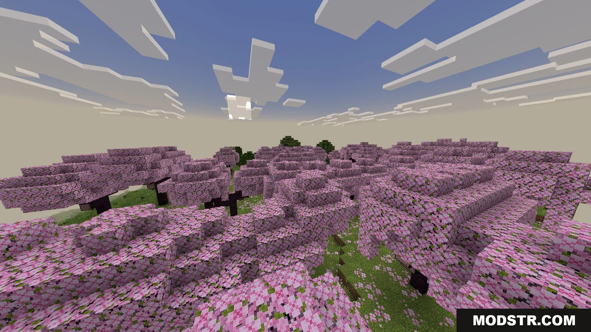 Newb CraftEdge Shader - RenderDragon Shader Screenshot 2 Pink cherry blossom trees under a soft sky with atmospheric fog effects