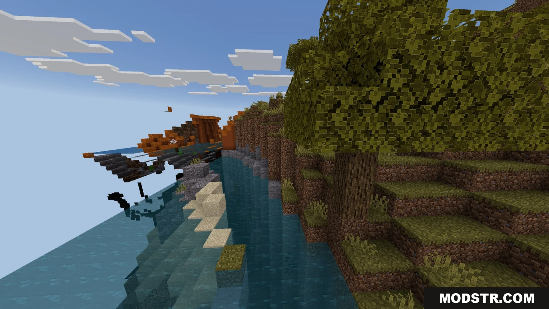 Newb CraftEdge Shader - RenderDragon Shader Screenshot 8 Clear water reflections appear near a rocky cliffside with a floating wooden structure