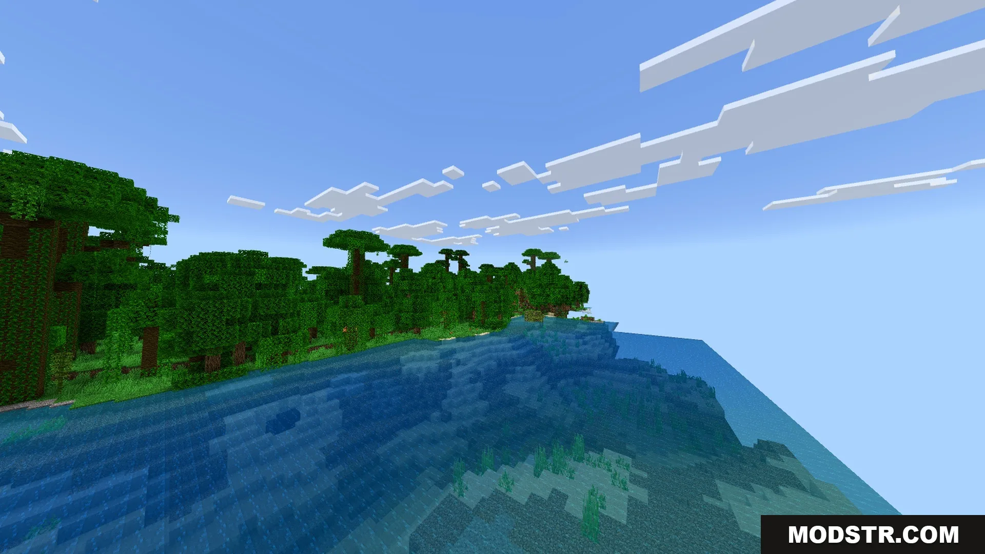 Newb CraftEdge Shader - RenderDragon Shader Screenshot 1 Lush jungle trees reflected in clear blue water under a bright sky