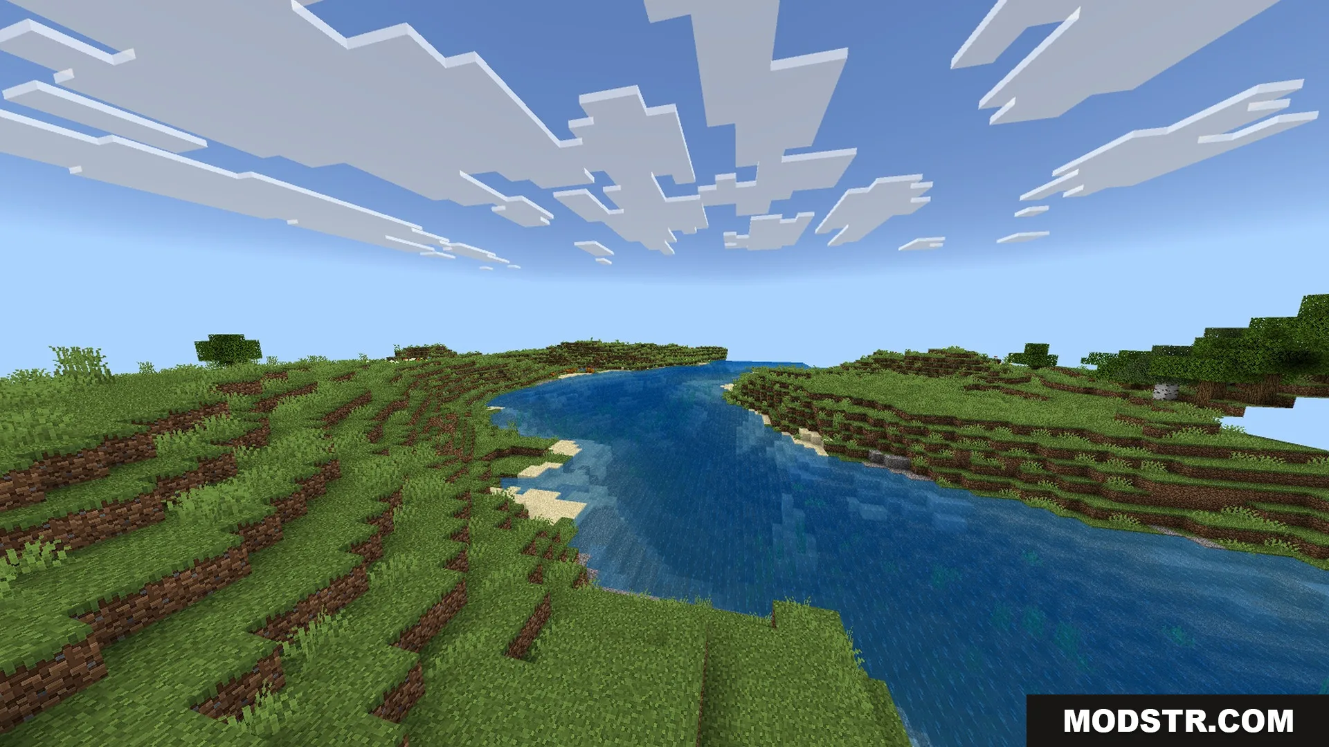 Newb CraftEdge Shader - RenderDragon Shader Screenshot 4 Clear river water with sky reflections flowing through a green plains biome