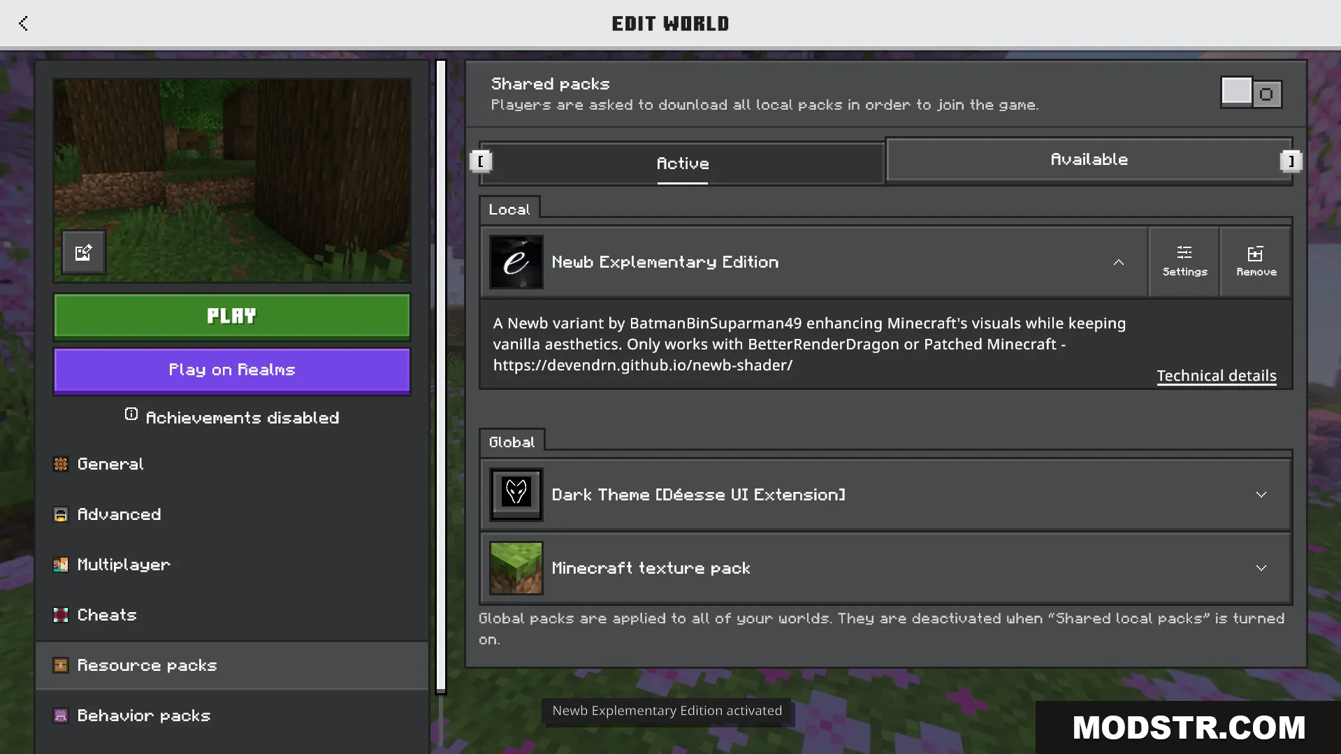 Minecraft Bedrock edit world screen showing Newb Explementary Edition shader pack activated