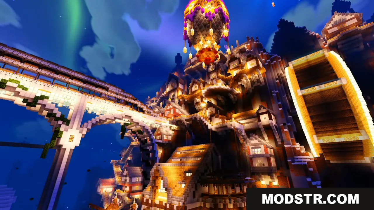Newb Explementary Edition Shader shows a fantasy city with a colorful aurora