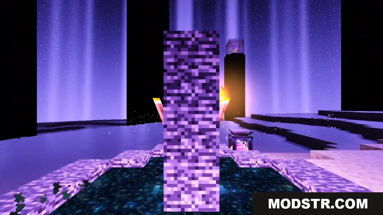 Bright purple auroras and glowing galaxy stars over the End dimension at night