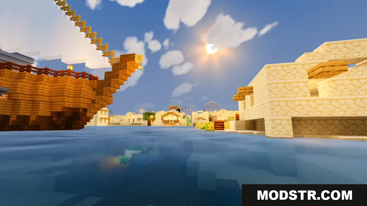 A wooden ship sails near sandstone buildings with realistic water and clear reflections