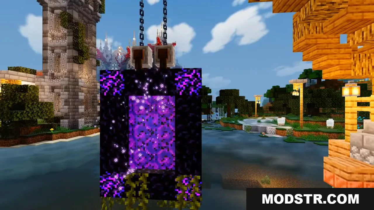 Nether portal hanging from chains near a stone tower with realistic water reflections