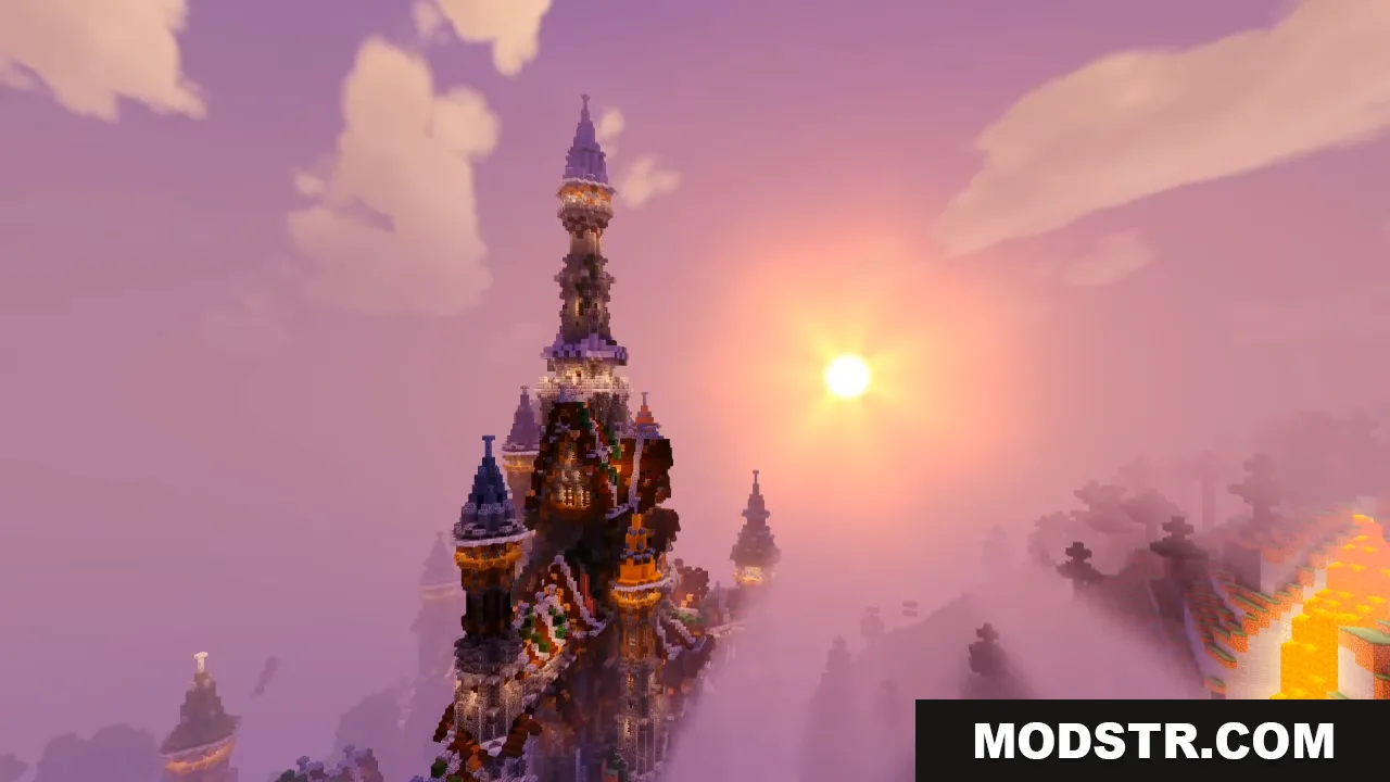 Beautiful fantasy castle with a round sun and bright and colorful skies