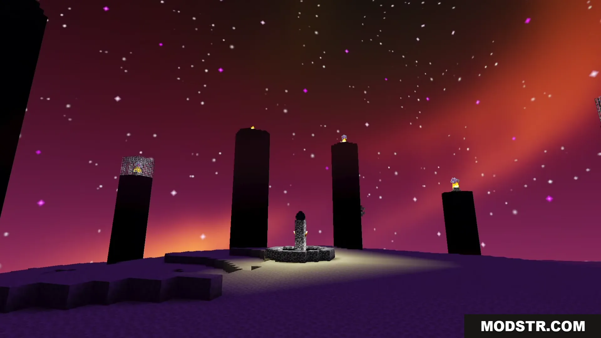 Newb Lumina Shader Screenshot 5 Newb Lumina Shader displays the End dimension with obsidian pillars and glowing skies