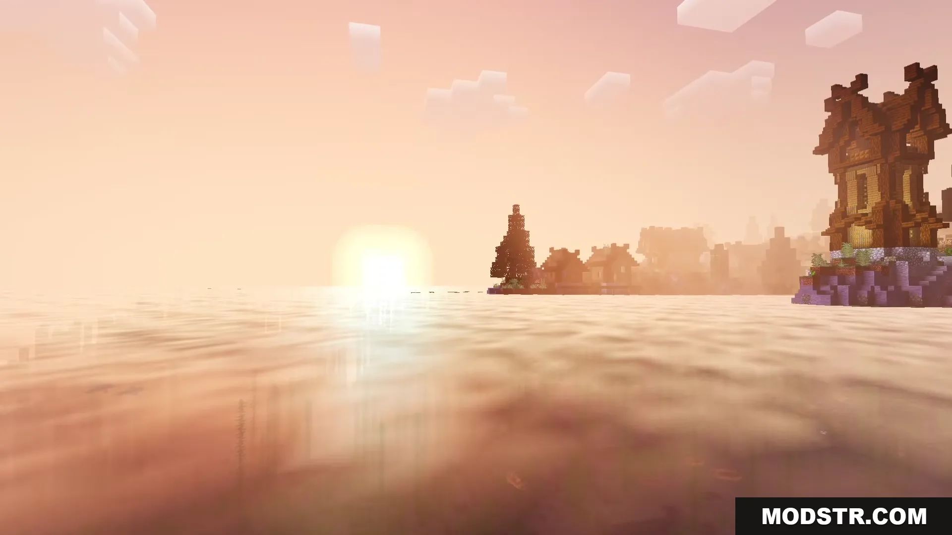 Newb Lumina Shader Screenshot 10 A tall wooden structure stands on a cliff overlooking a glowing sunset ocean