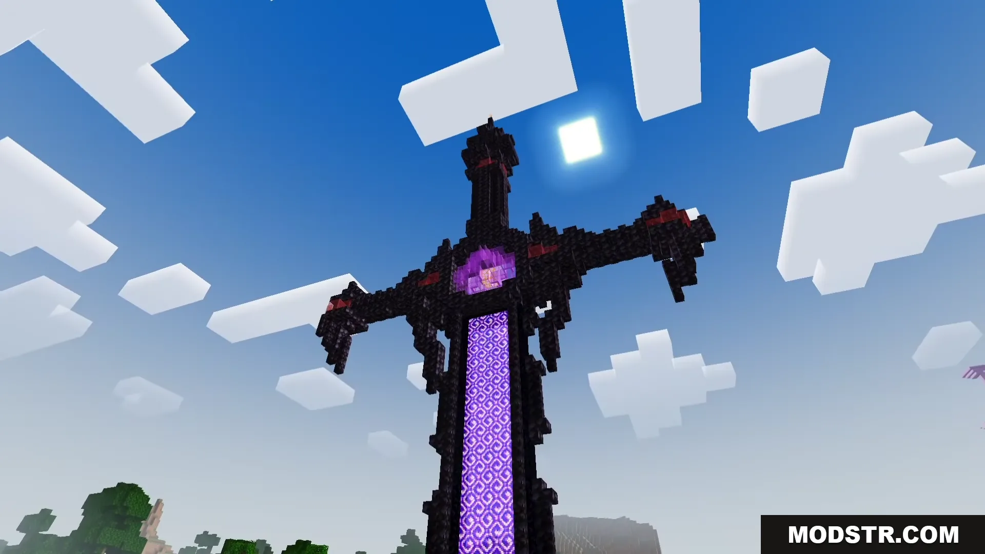 Newb Lumina Shader Screenshot 4 Giant obsidian sword structure with a glowing purple portal reaching towards the sky