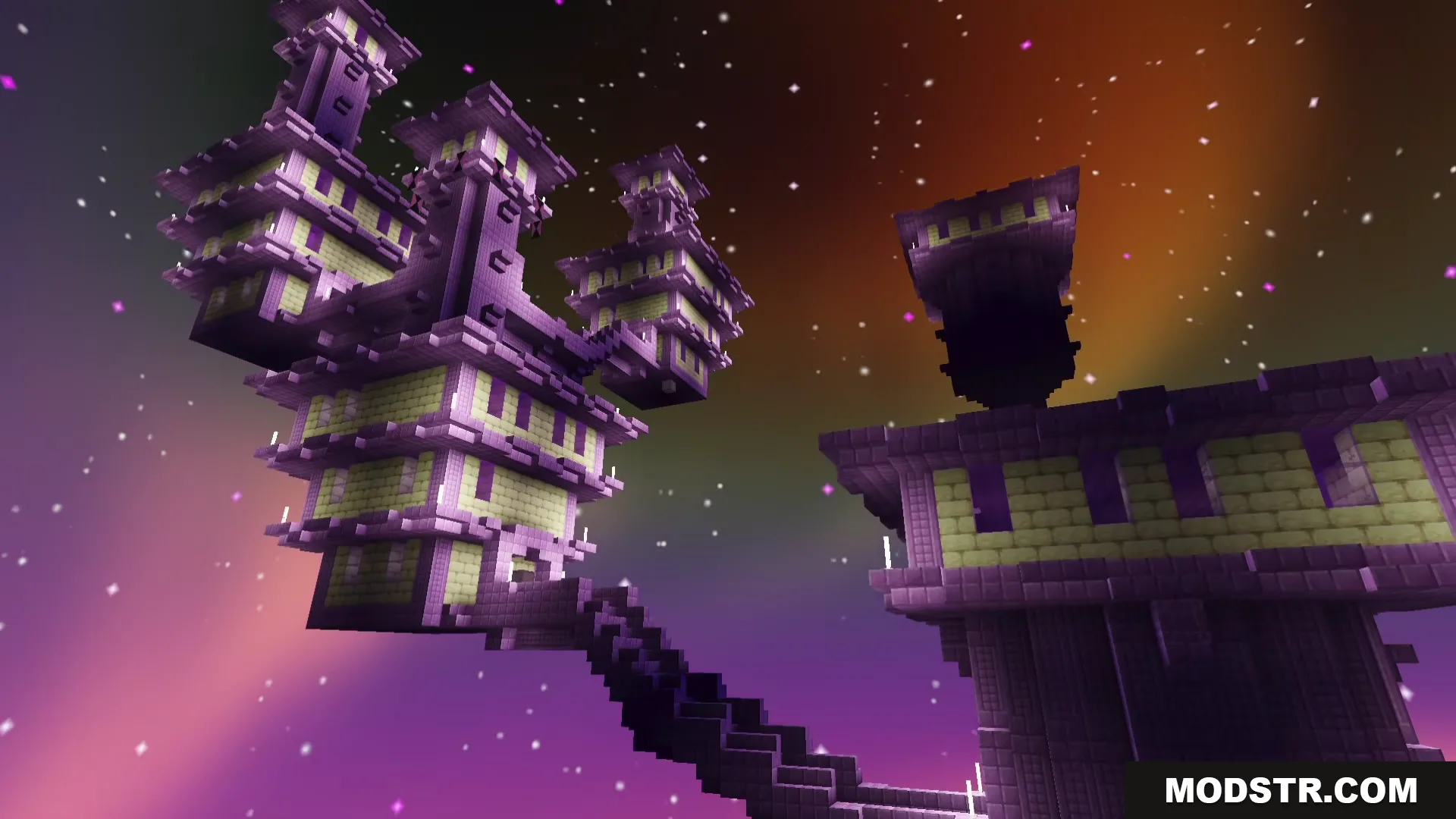 Newb Lumina Shader Screenshot 6 Purple End City towers float in the air under a beautiful glowing sky