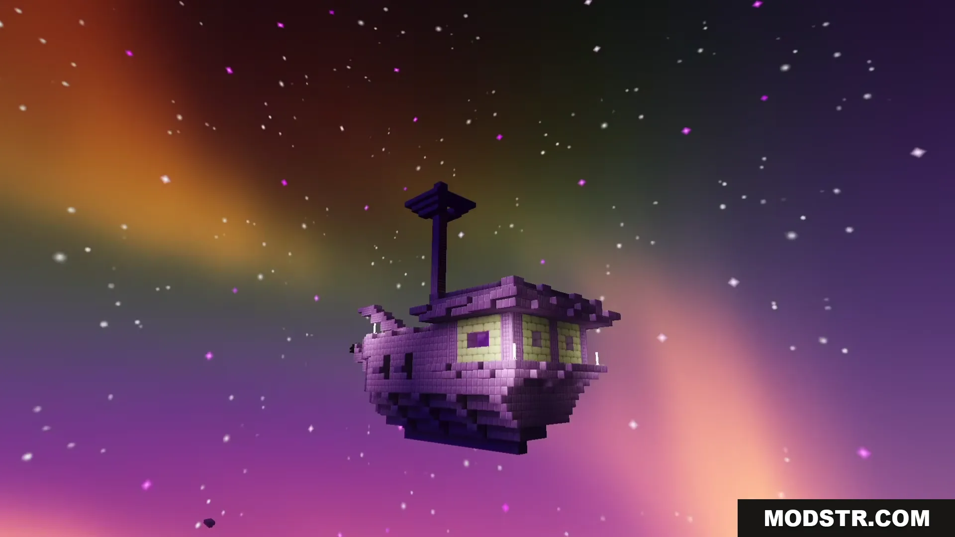 Newb Lumina Shader Screenshot 7 A purple End Ship floating in a vibrant starry sky with colorful clouds