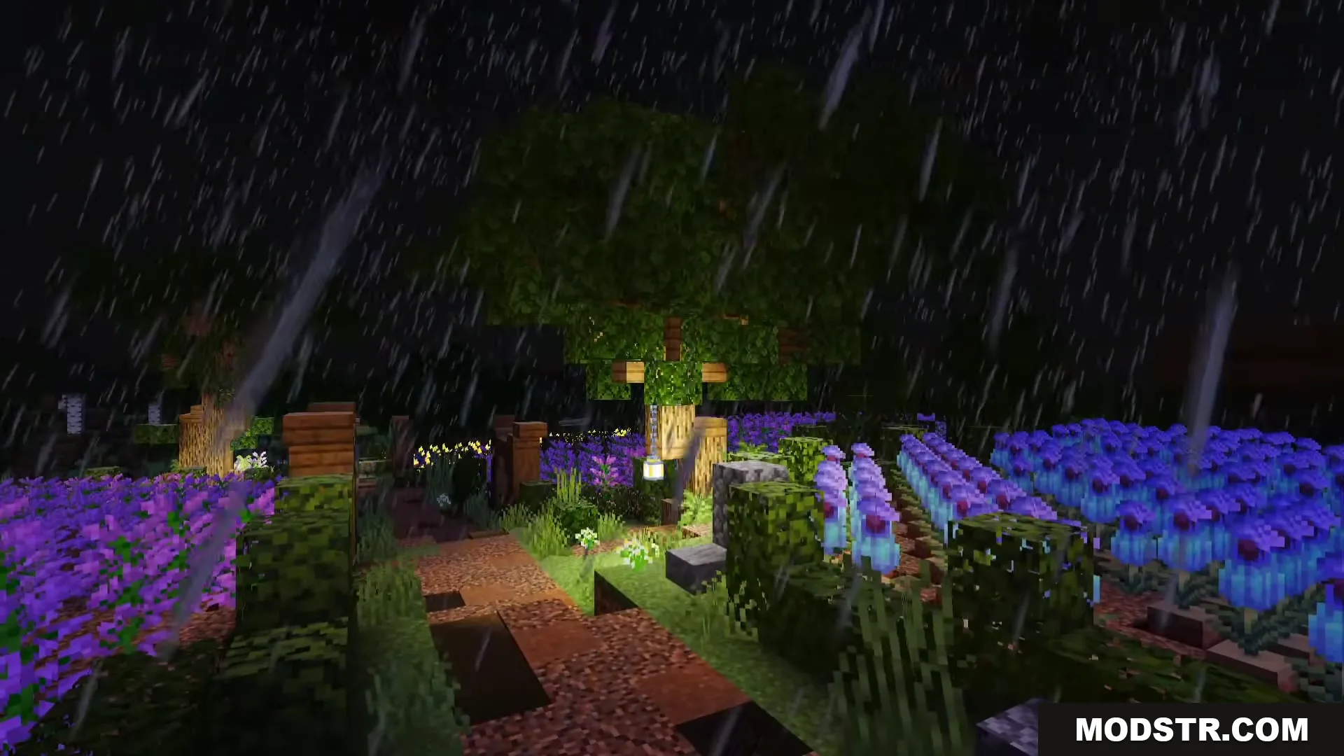 Newb Lumina Shader Screenshot 8 A rainy garden at night with purple flowers and glowing lanterns under trees