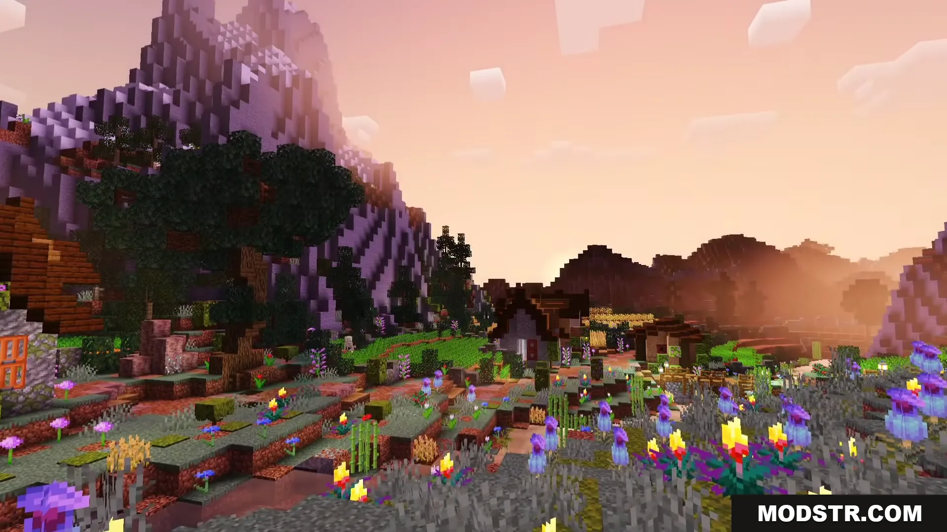 Newb Lumina Shader Screenshot 9 Vibrant flowers and a cozy village sit beneath a towering mountain at dusk