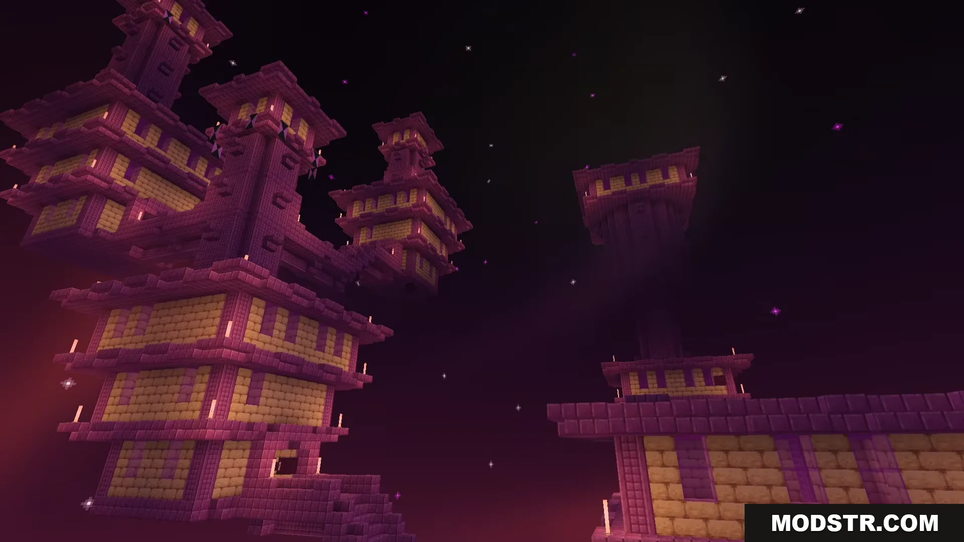 Large End City structure with purple and yellow blocks at night