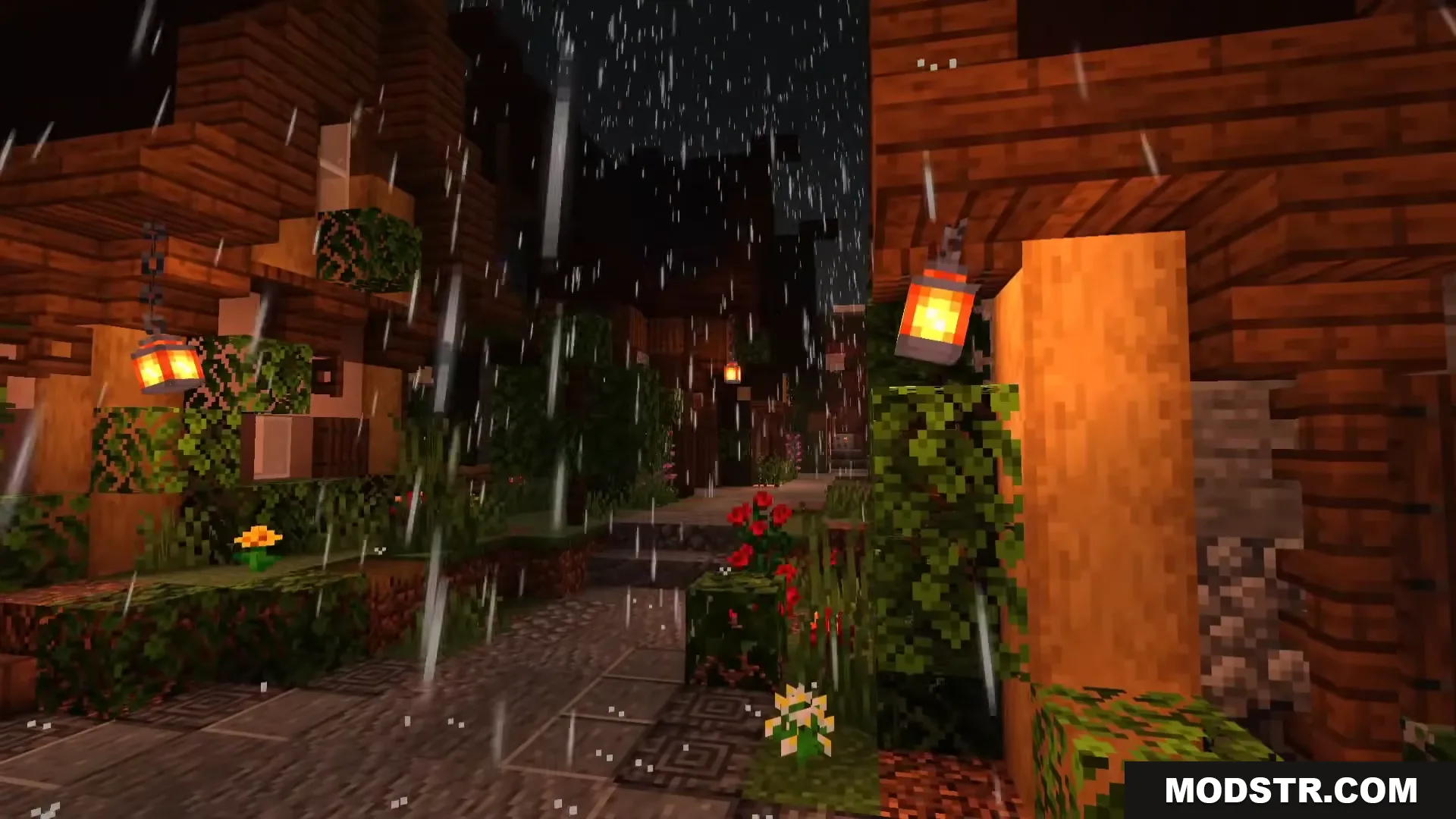 Rain falling over a cozy village street at night with glowing lanterns