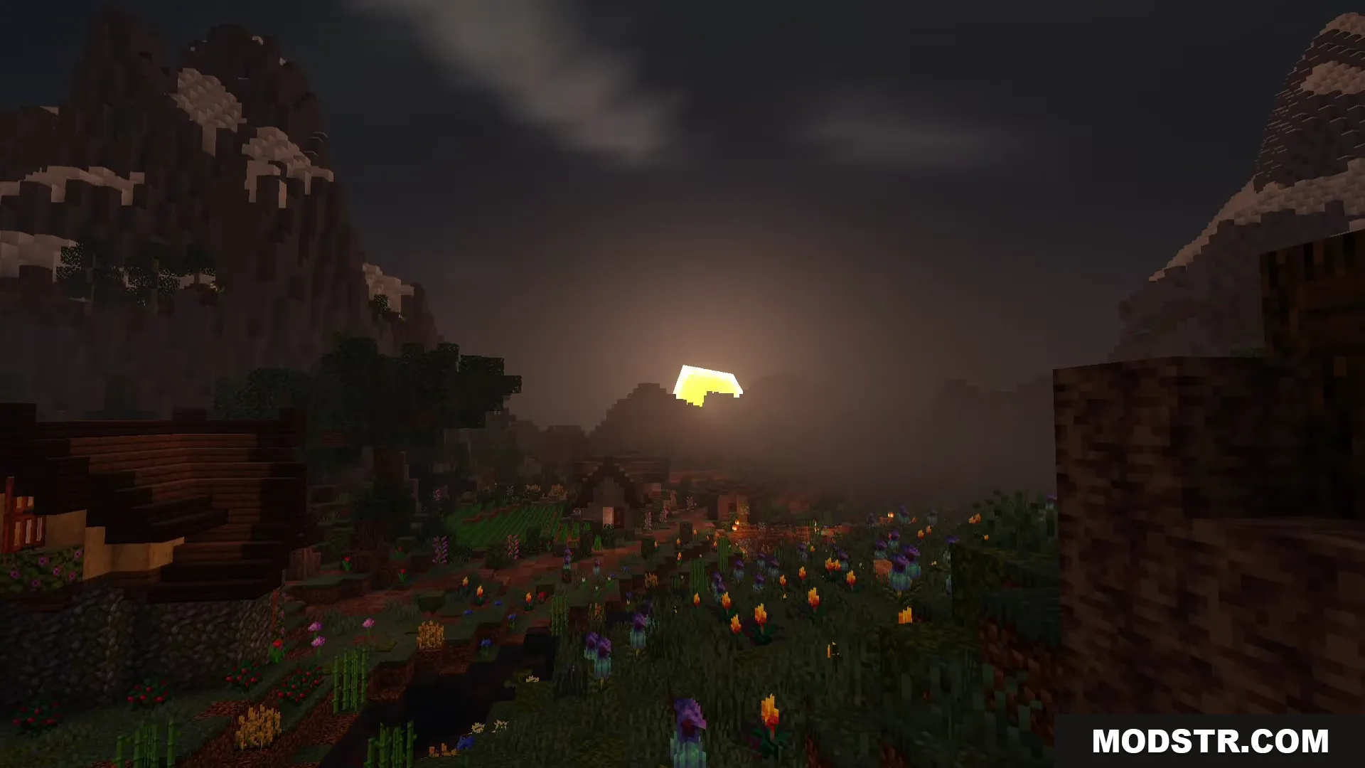 Newb Nightfall Shader showcasing a scenic village landscape with colorful flowers at dusk