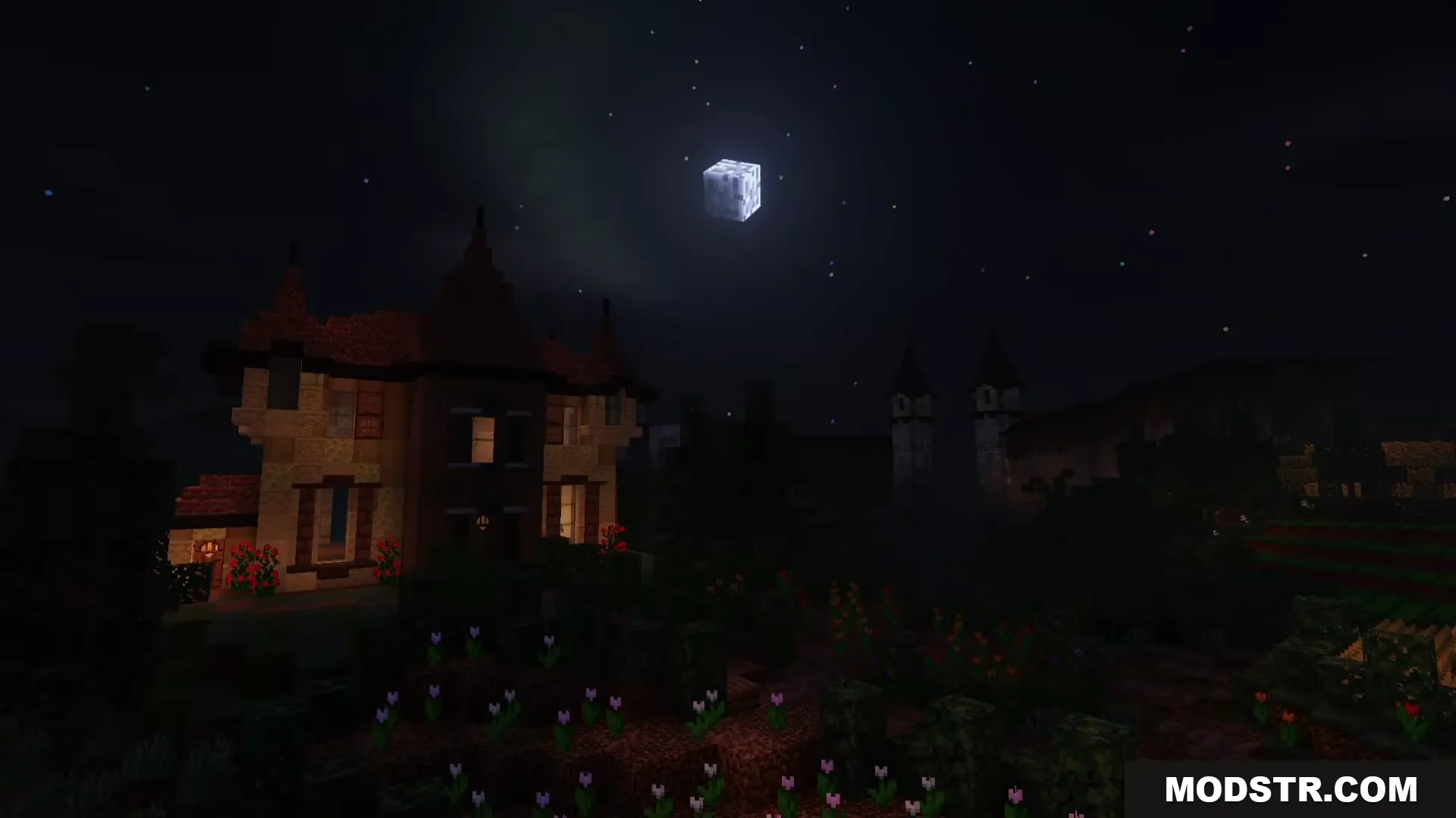 A large Minecraft mansion under a bright square moon and starry night sky